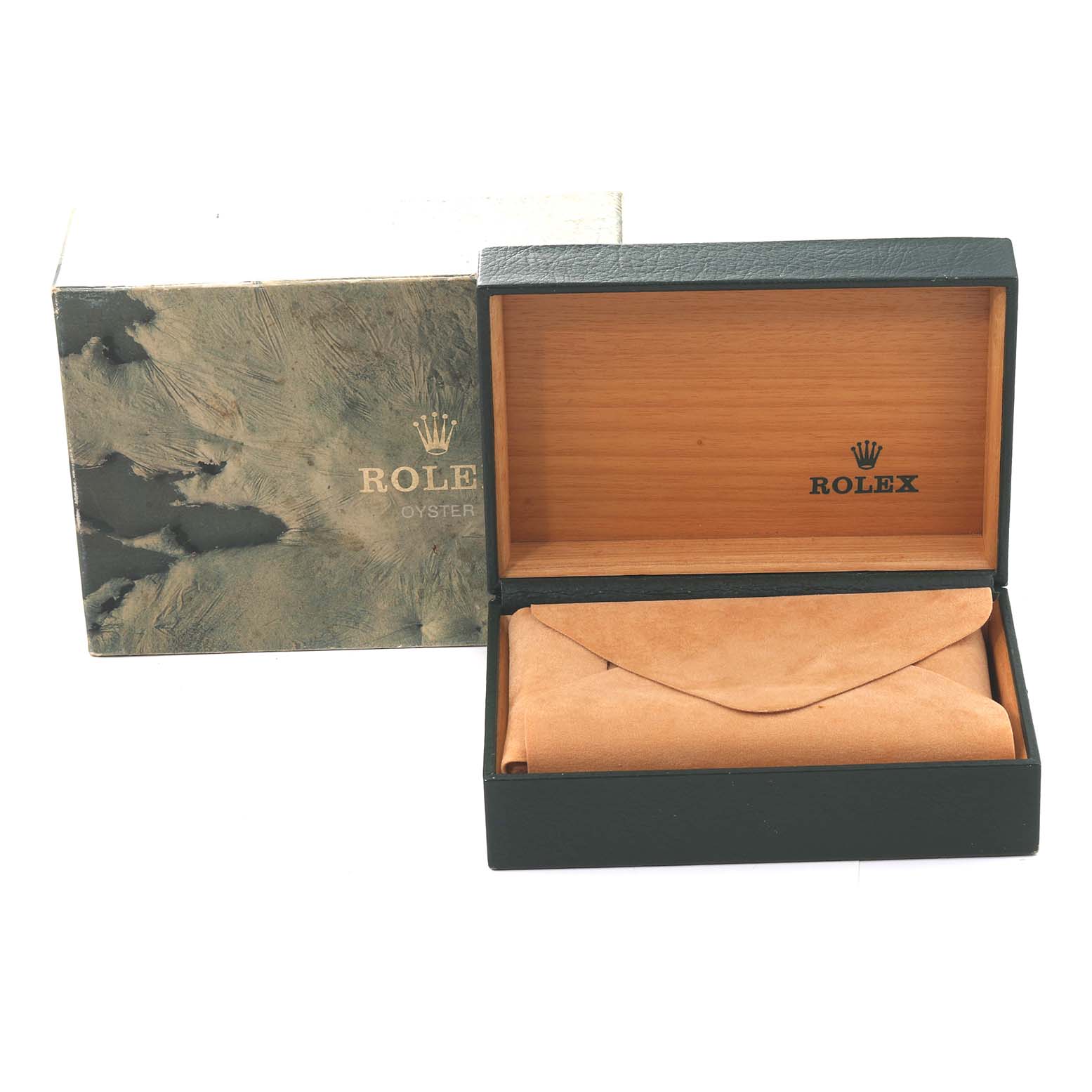 The image shows an opened Rolex box, including a pouch, for the Datejust model, angled from the front.