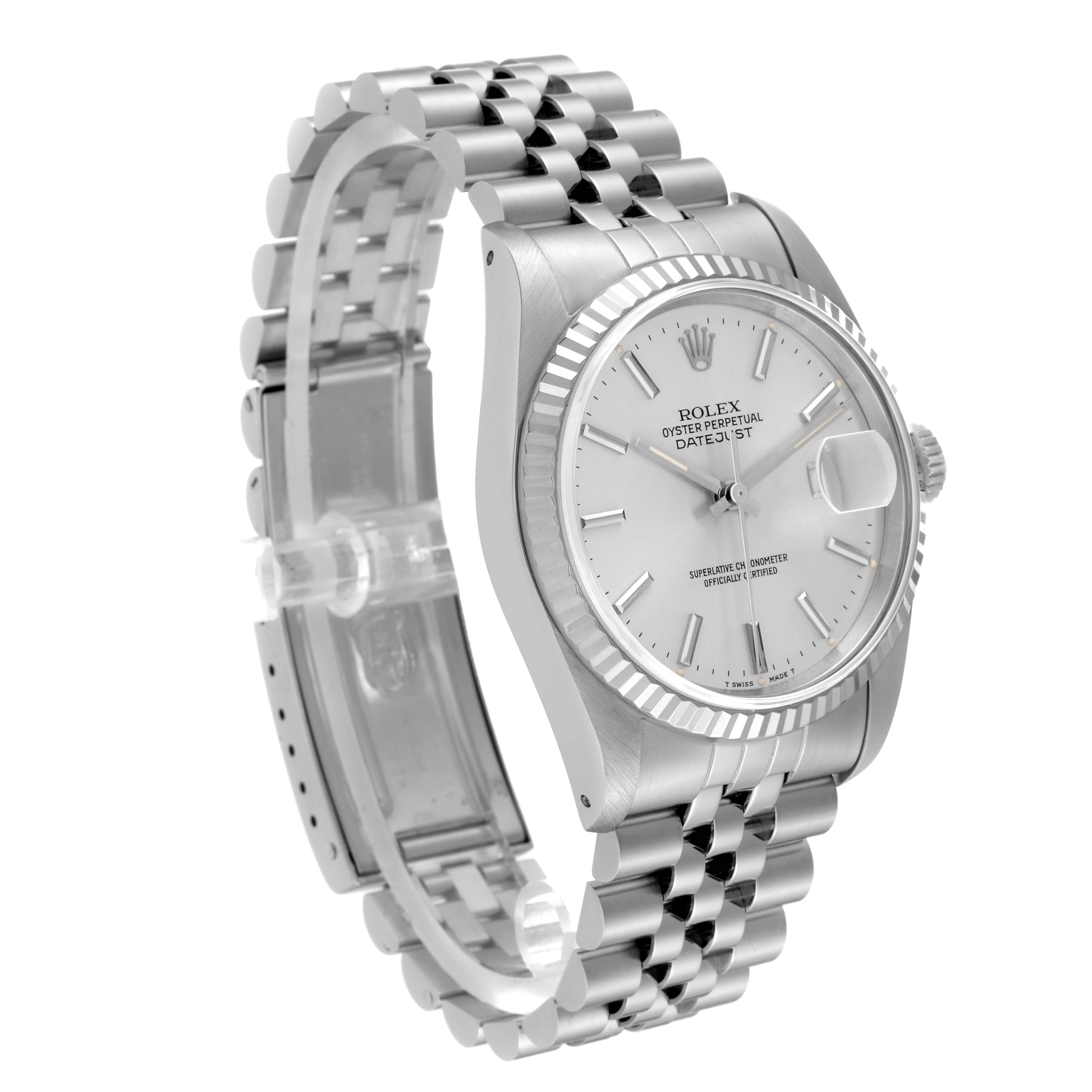 This image shows a side angle of a Rolex Datejust 16234 Men's Stainless Steel Silver Dial 16234 Men's Stainless Steel Silver Dial watch, highlighting the face, bezel, crown, and bracelet.