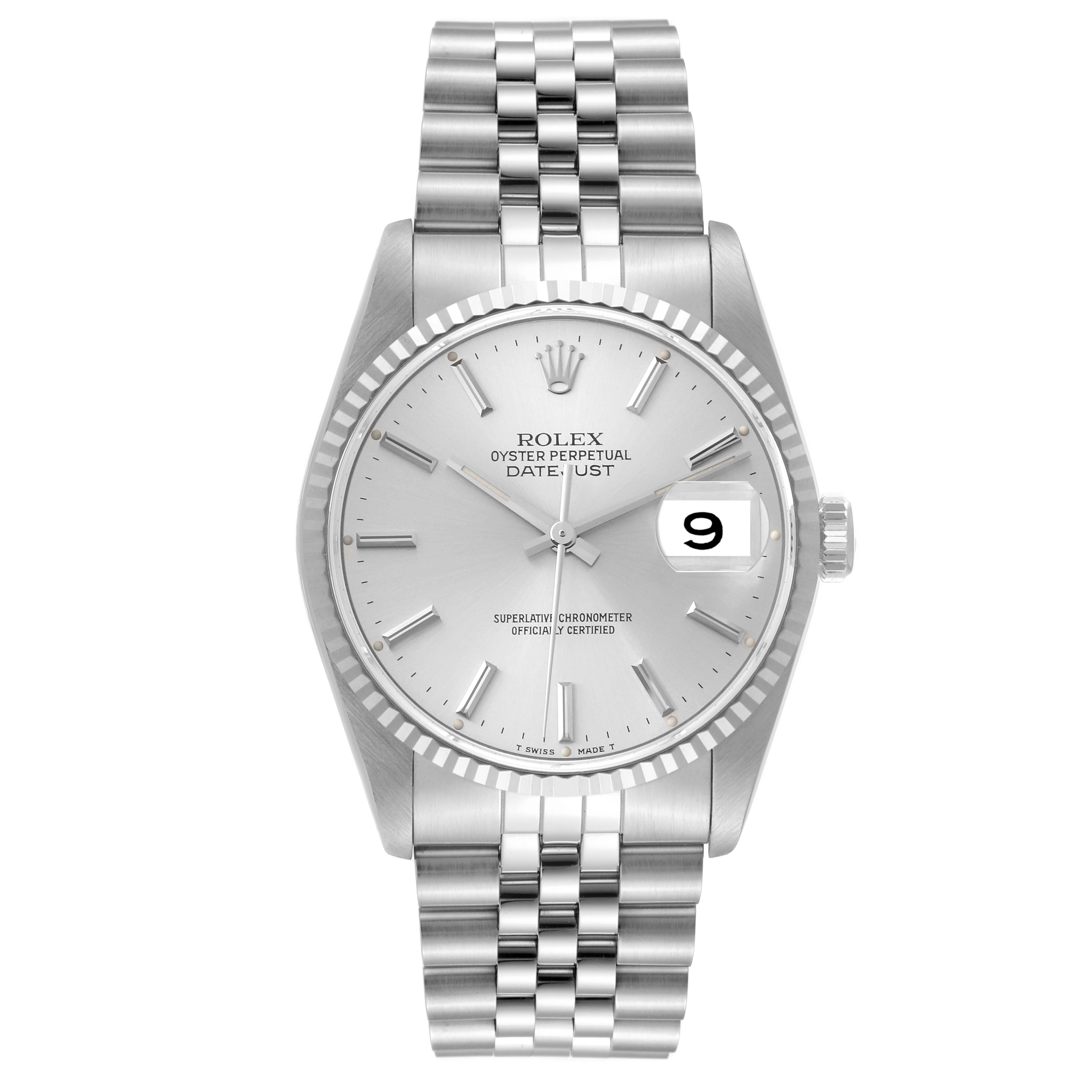 The image shows a front view of a Rolex Datejust 16234 Men's Stainless Steel Silver Dial 16234 Men's Stainless Steel Silver Dial watch, displaying its silver dial, date window, and Jubilee bracelet.