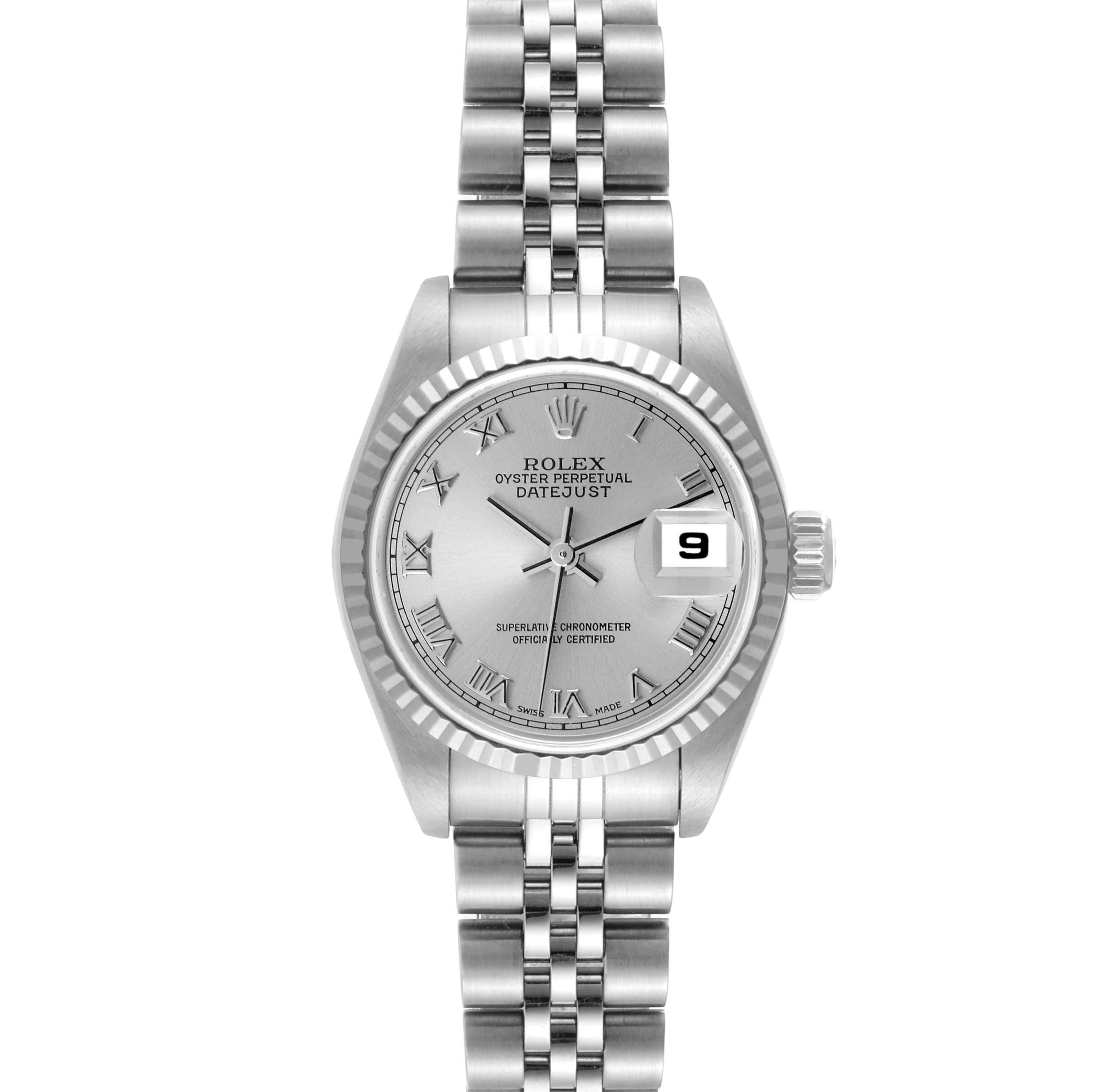 The image shows a frontal view of a Rolex Datejust 79174 Women's Stainless Steel Silver Dial 79174 Women's Stainless Steel Silver Dial watch with a silver dial and Jubilee bracelet.