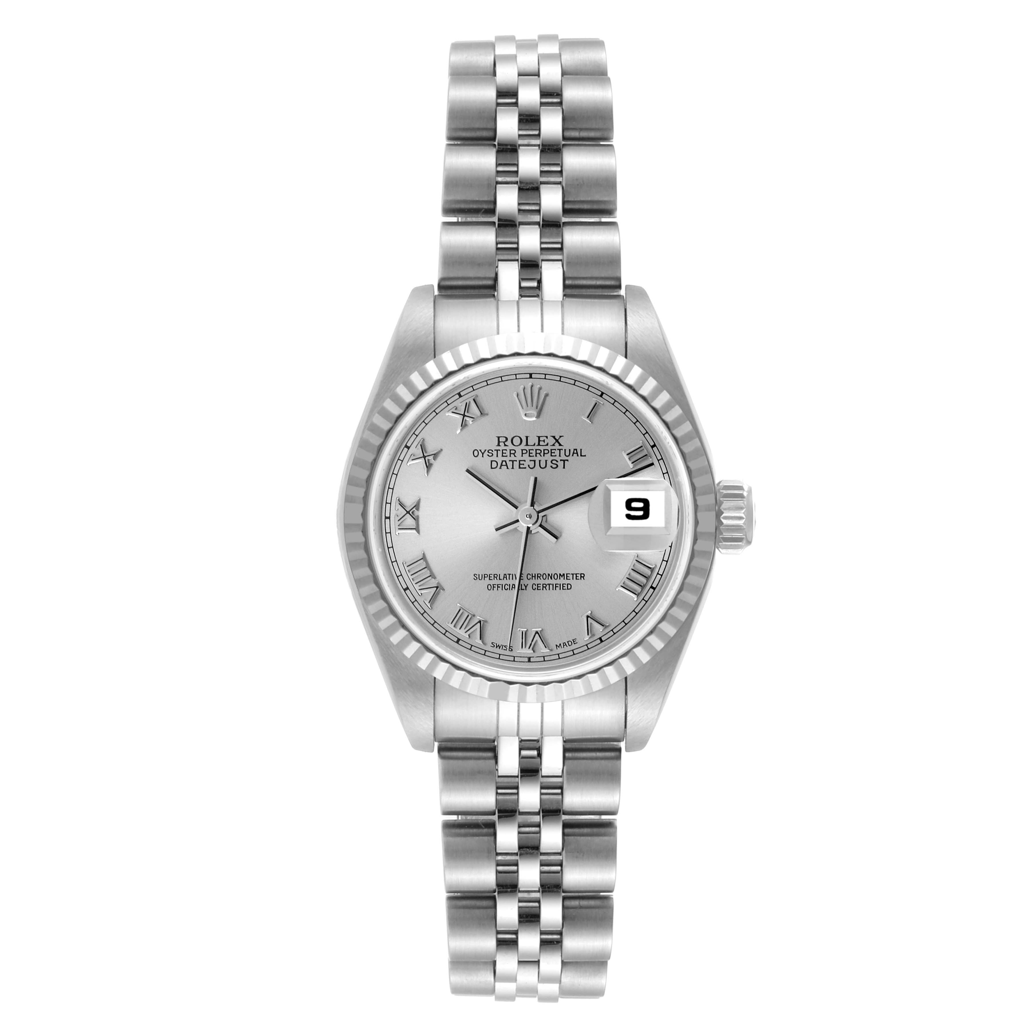 The image shows a full frontal view of the Rolex Datejust 79174 Women's Stainless Steel Silver Dial 79174 Women's Stainless Steel Silver Dial watch, highlighting its face, bezel, and bracelet.