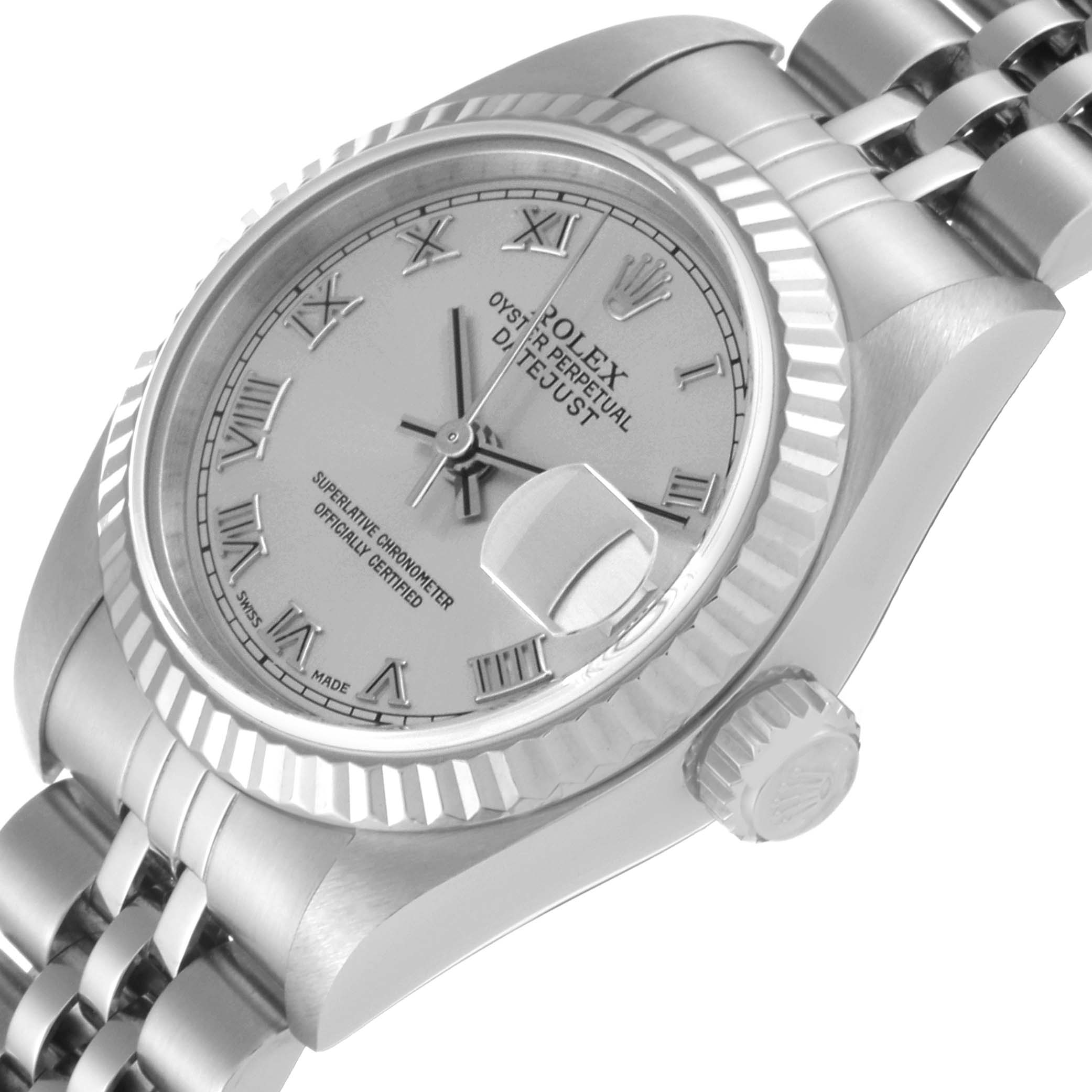 The image shows a close-up angled view of the dial, bezel, crown, and part of the bracelet of a Rolex Datejust 79174 Women's Stainless Steel Silver Dial 79174 Women's Stainless Steel Silver Dial watch.