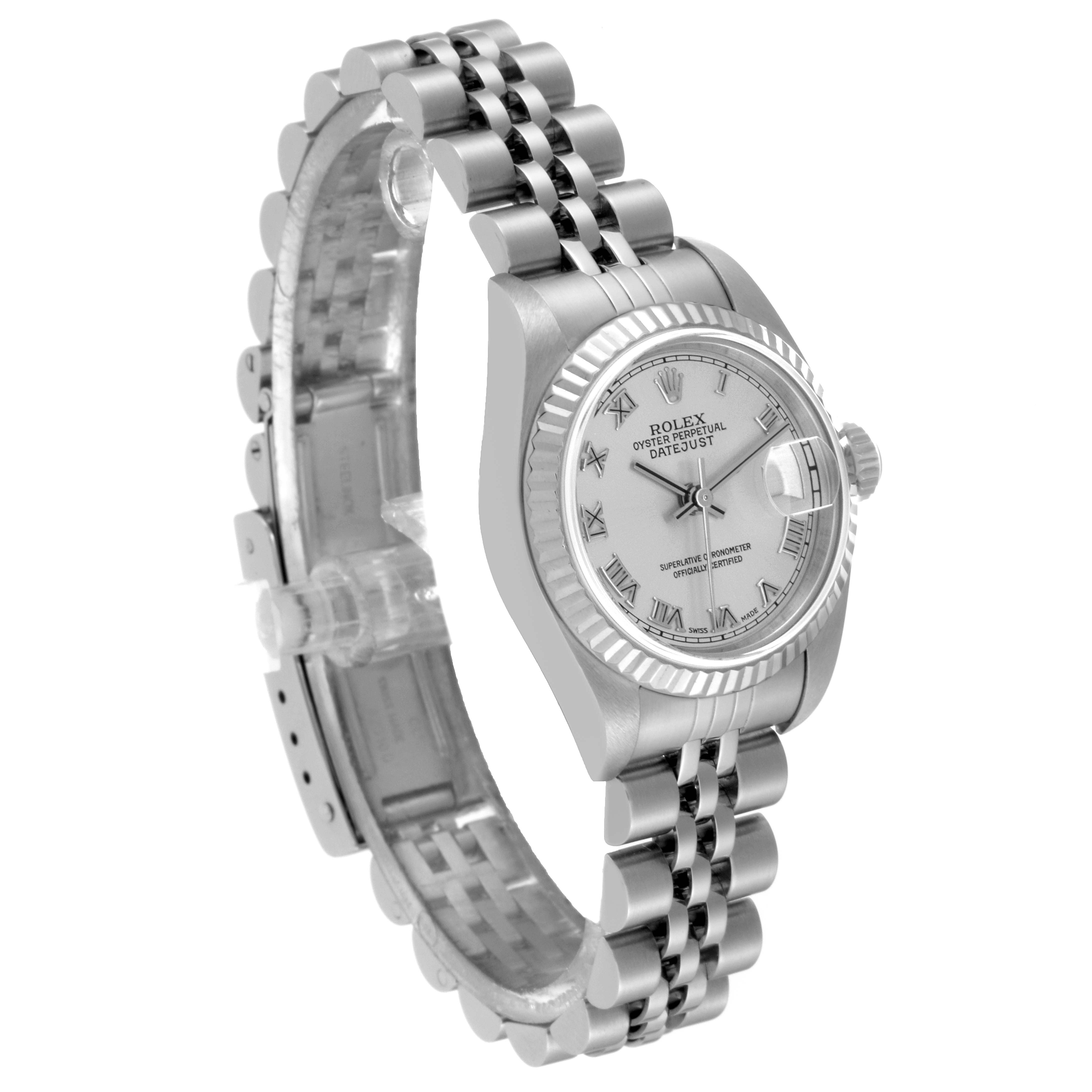 This image shows a Rolex Datejust 79174 Women's Stainless Steel Silver Dial 79174 Women's Stainless Steel Silver Dial watch at a three-quarter angle, highlighting its face, bezel, and bracelet.