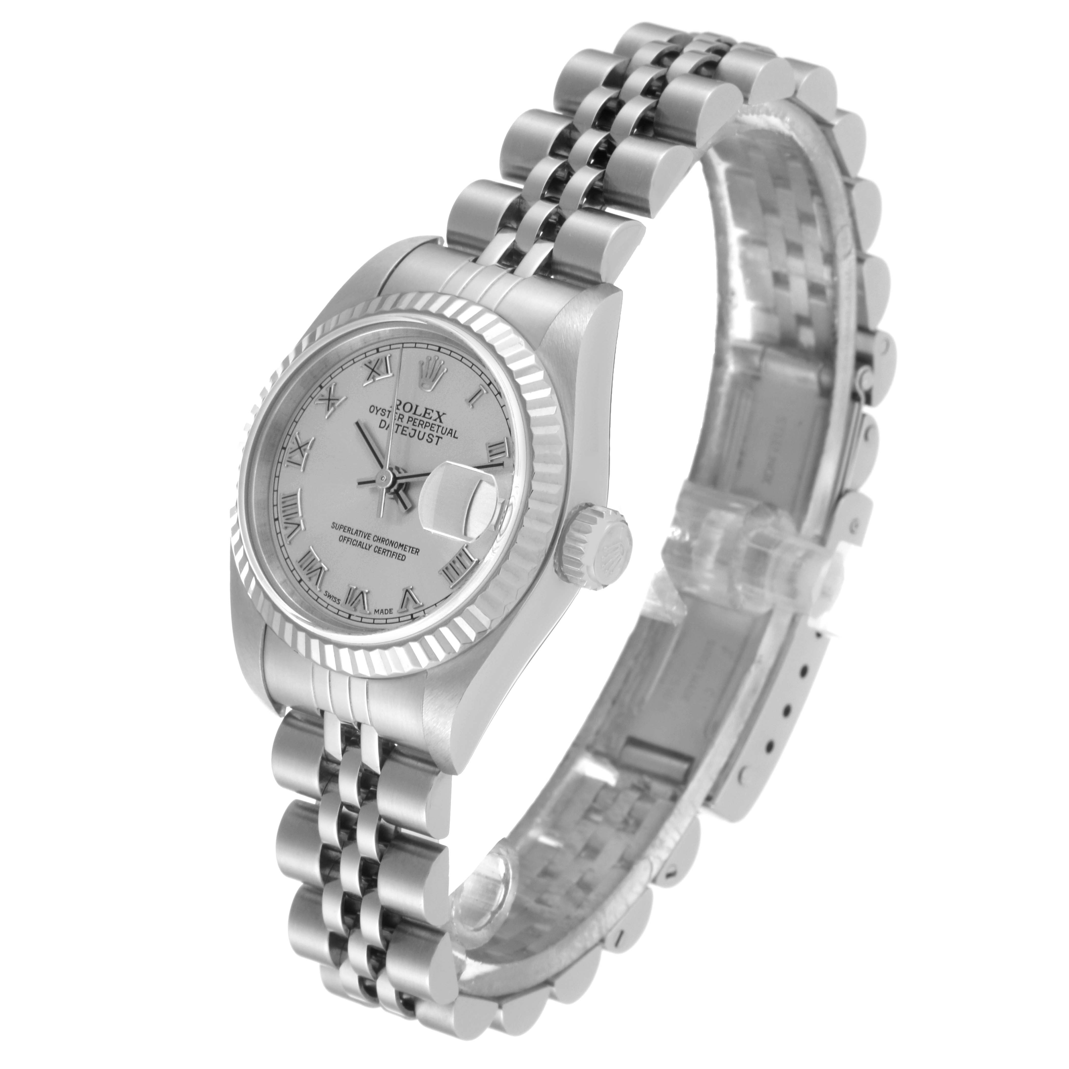 The Rolex Datejust 79174 Women's Stainless Steel Silver Dial 79174 Women's Stainless Steel Silver Dial watch is shown at an angle displaying the dial, bezel, crown, and jubilee bracelet.