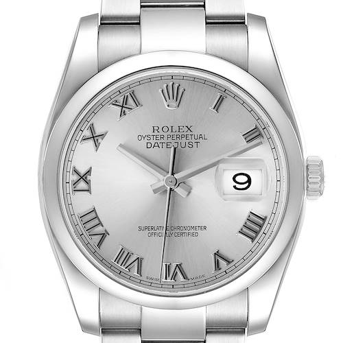 Photo of Rolex Datejust Silver Roman Dial Steel Mens Watch 116200 Box Card