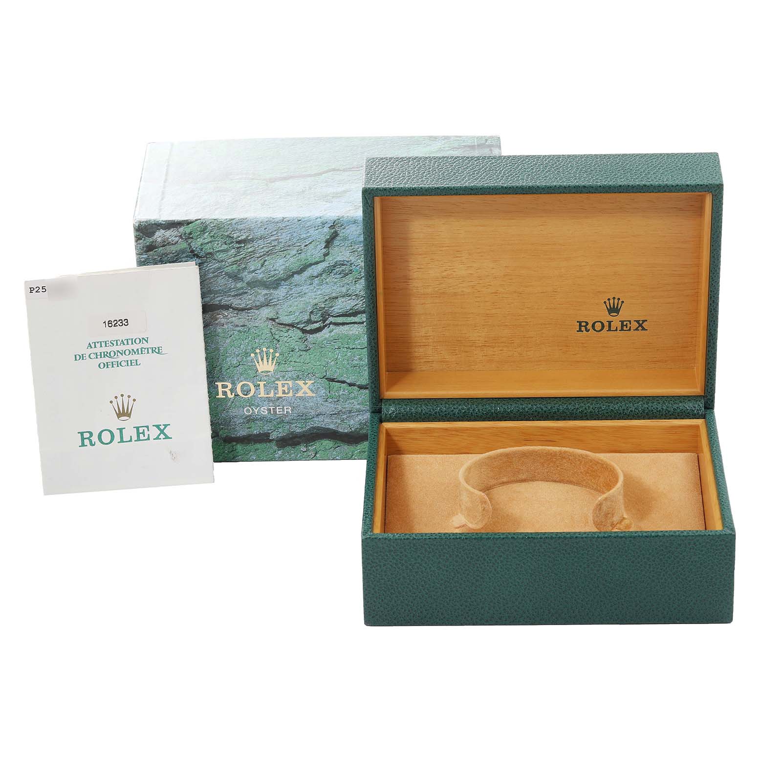 The image shows a Rolex Datejust 16233 Men's Steel and Gold (two tone) Grey Dial 16233 Men's Steel and Gold (two tone) Grey Dial box, an outer box, and an official chronometer certificate.