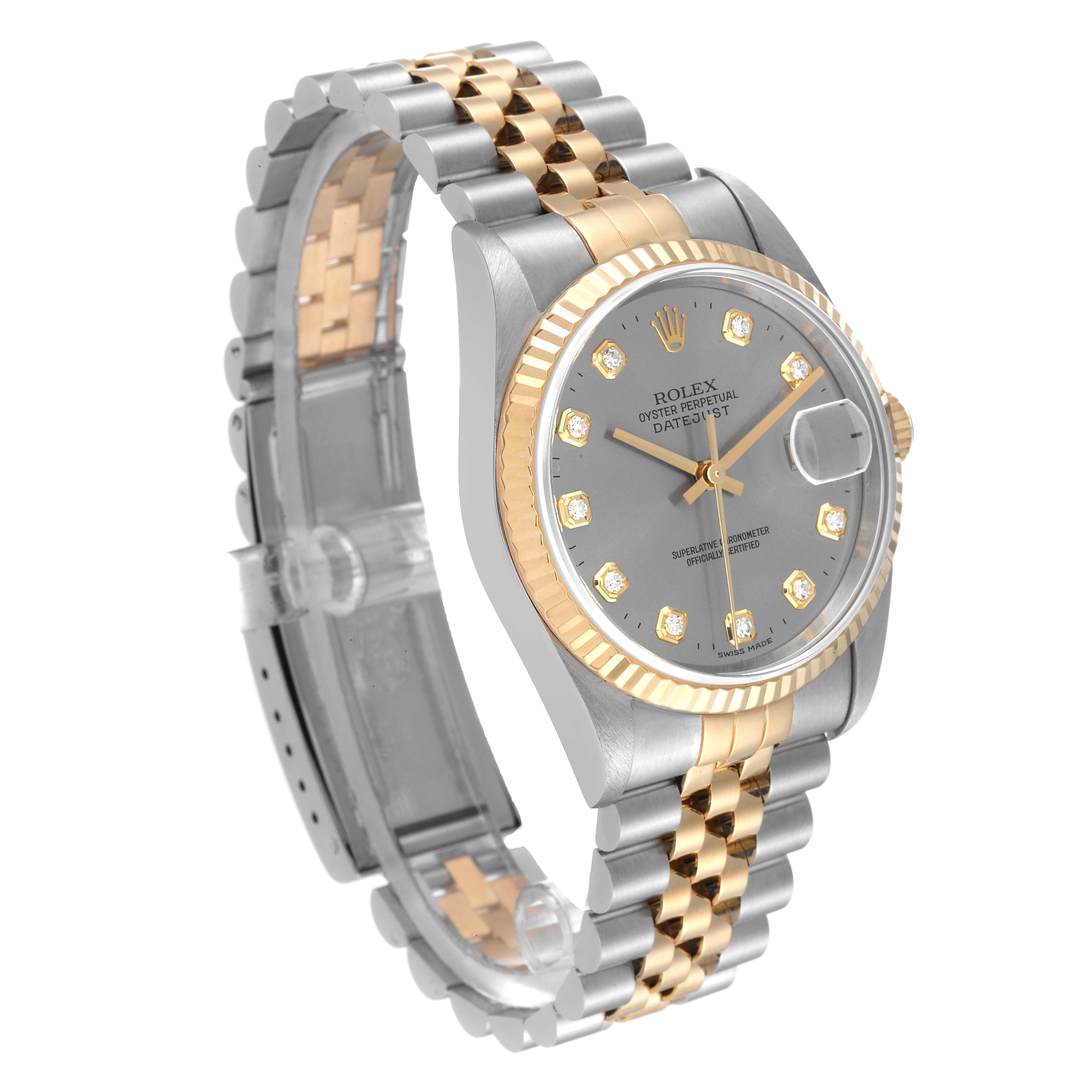This image features a Rolex Datejust 16233 Men's Steel and Gold (two tone) Grey Dial 16233 Men's Steel and Gold (two tone) Grey Dial watch angled to show the face, bezel, and two-tone bracelet.
