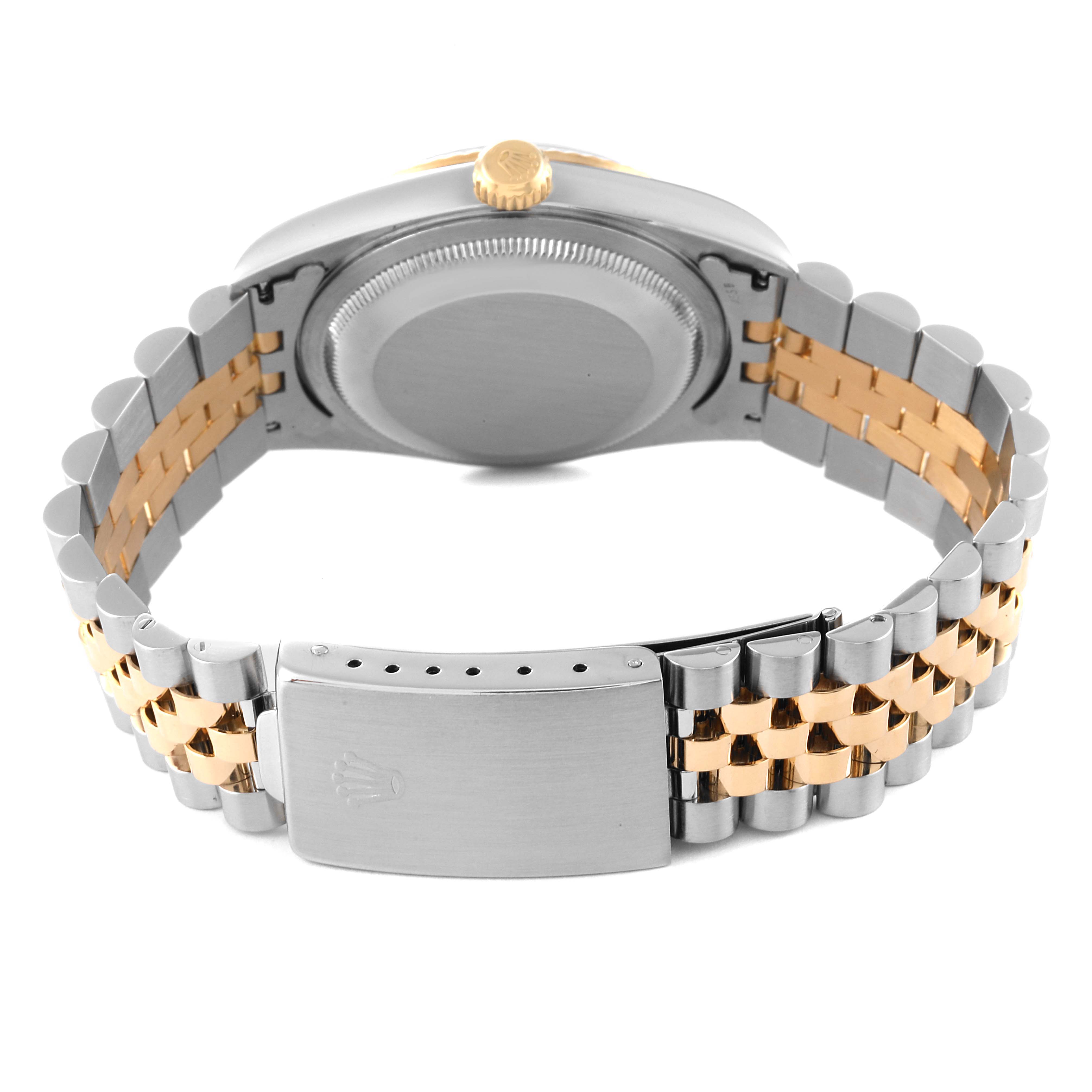 This image shows the back view of the Rolex Datejust 16233 Men's Steel and Gold (two tone) Grey Dial 16233 Men's Steel and Gold (two tone) Grey Dial watch, highlighting the case back and two-tone Jubilee bracelet.