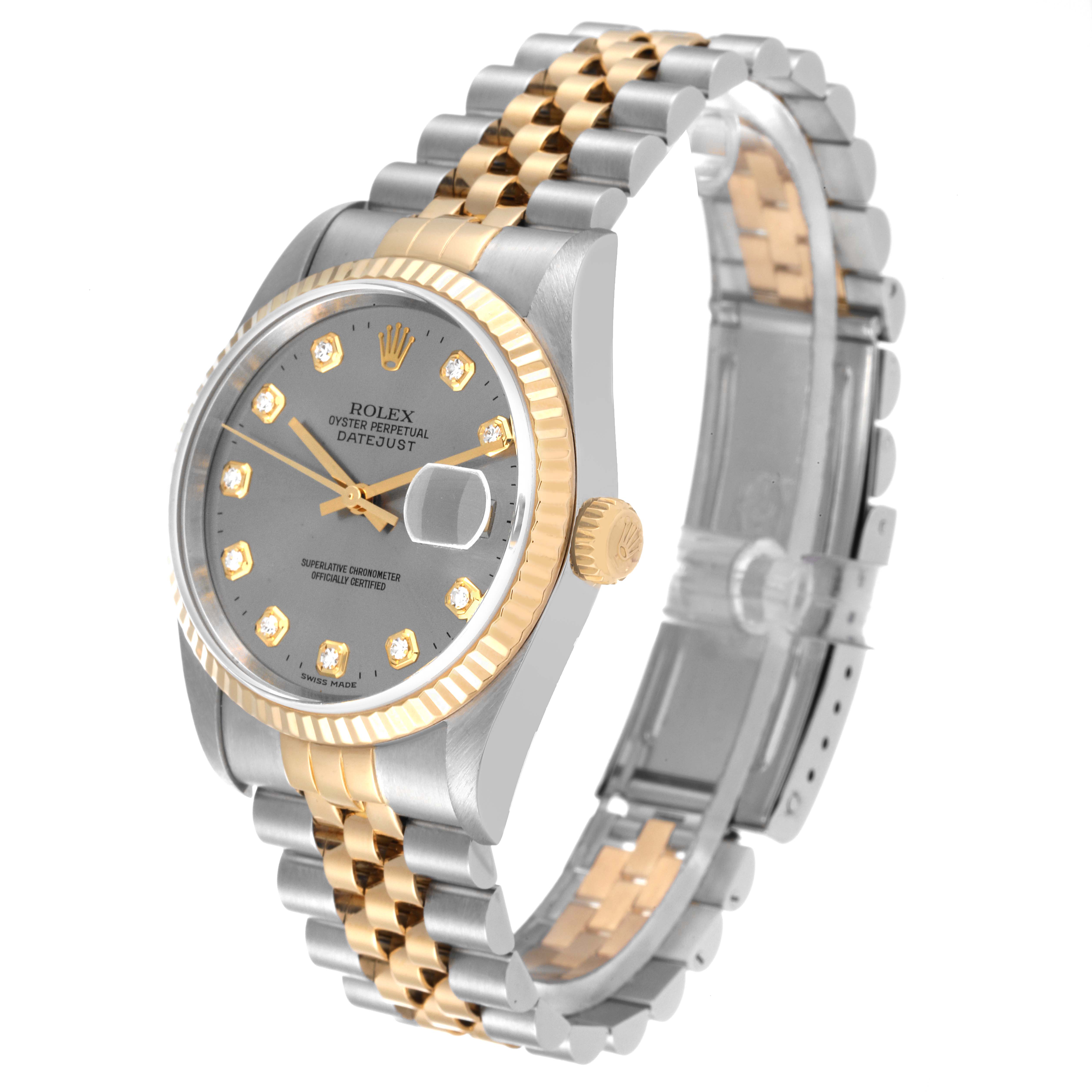 This image shows a two-tone Rolex Datejust 16233 Men's Steel and Gold (two tone) Grey Dial 16233 Men's Steel and Gold (two tone) Grey Dial watch at a three-quarter angle, highlighting the dial, bezel, crown, and bracelet.