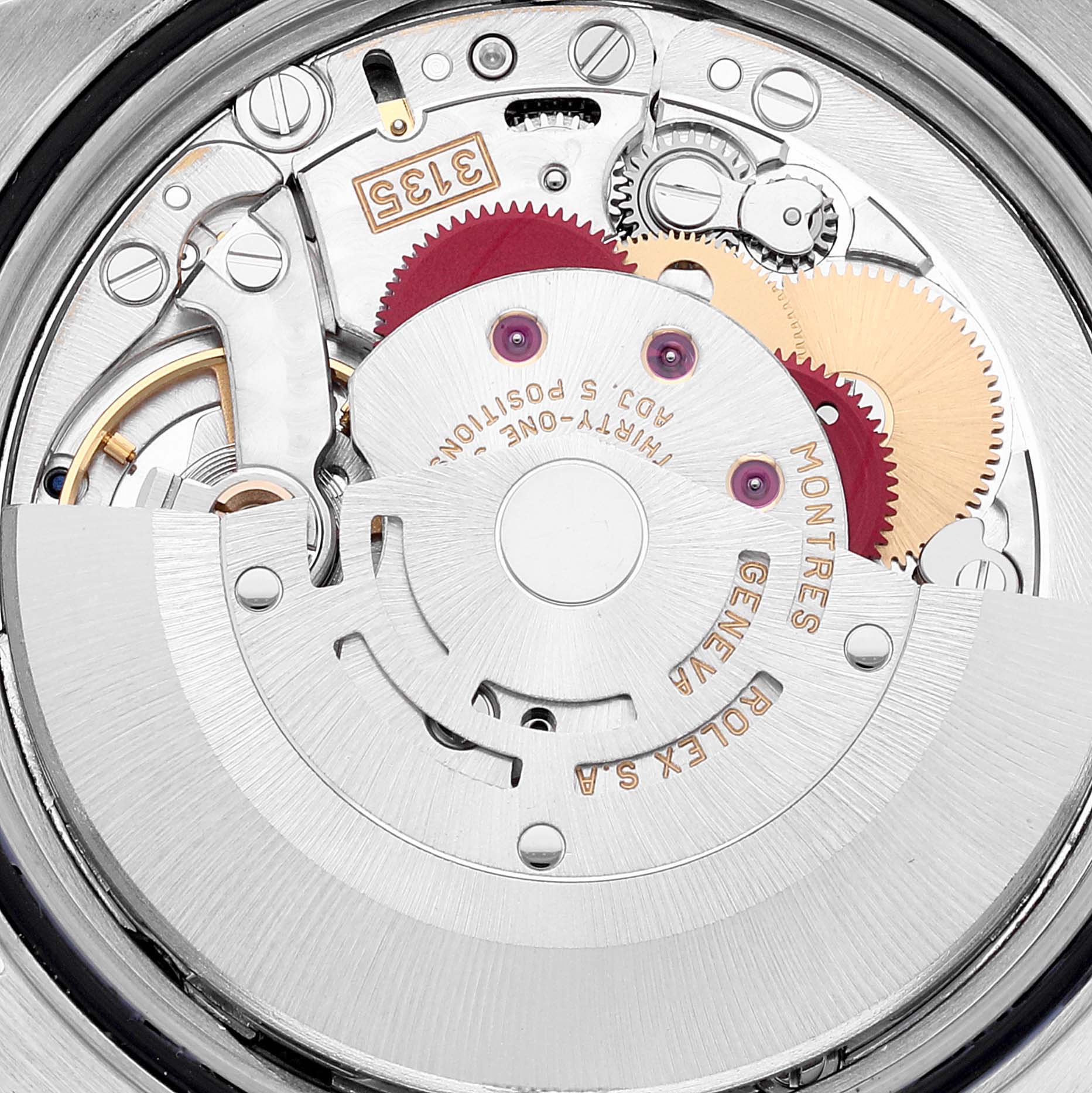 The image shows the intricate internal mechanism of a Rolex Datejust 16233 Men's Steel and Gold (two tone) Grey Dial 16233 Men's Steel and Gold (two tone) Grey Dial watch, highlighting gears and parts of the movement.