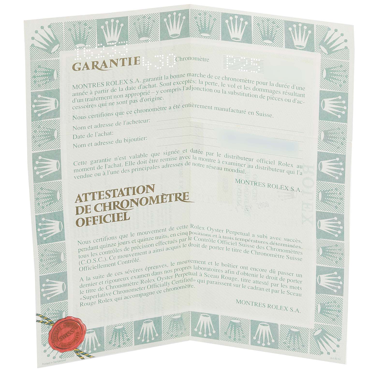 This image shows the warranty and official chronometer certification papers for a Rolex Datejust 16233 Men's Steel and Gold (two tone) Grey Dial 16233 Men's Steel and Gold (two tone) Grey Dial watch.