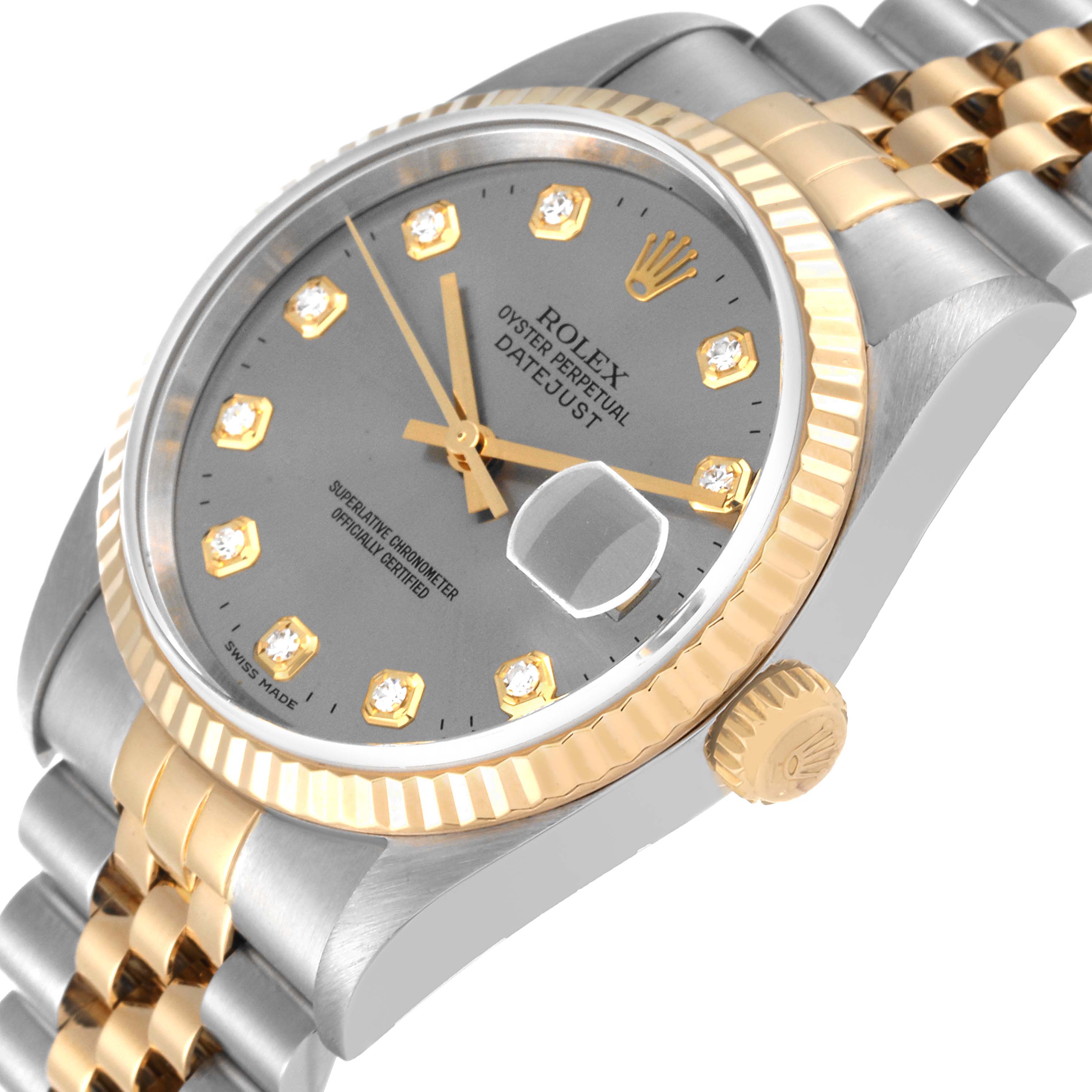 This image shows a Rolex Datejust 16233 Men's Steel and Gold (two tone) Grey Dial 16233 Men's Steel and Gold (two tone) Grey Dial watch at an angled close-up, highlighting the face, bezel, crown, and part of the bracelet.
