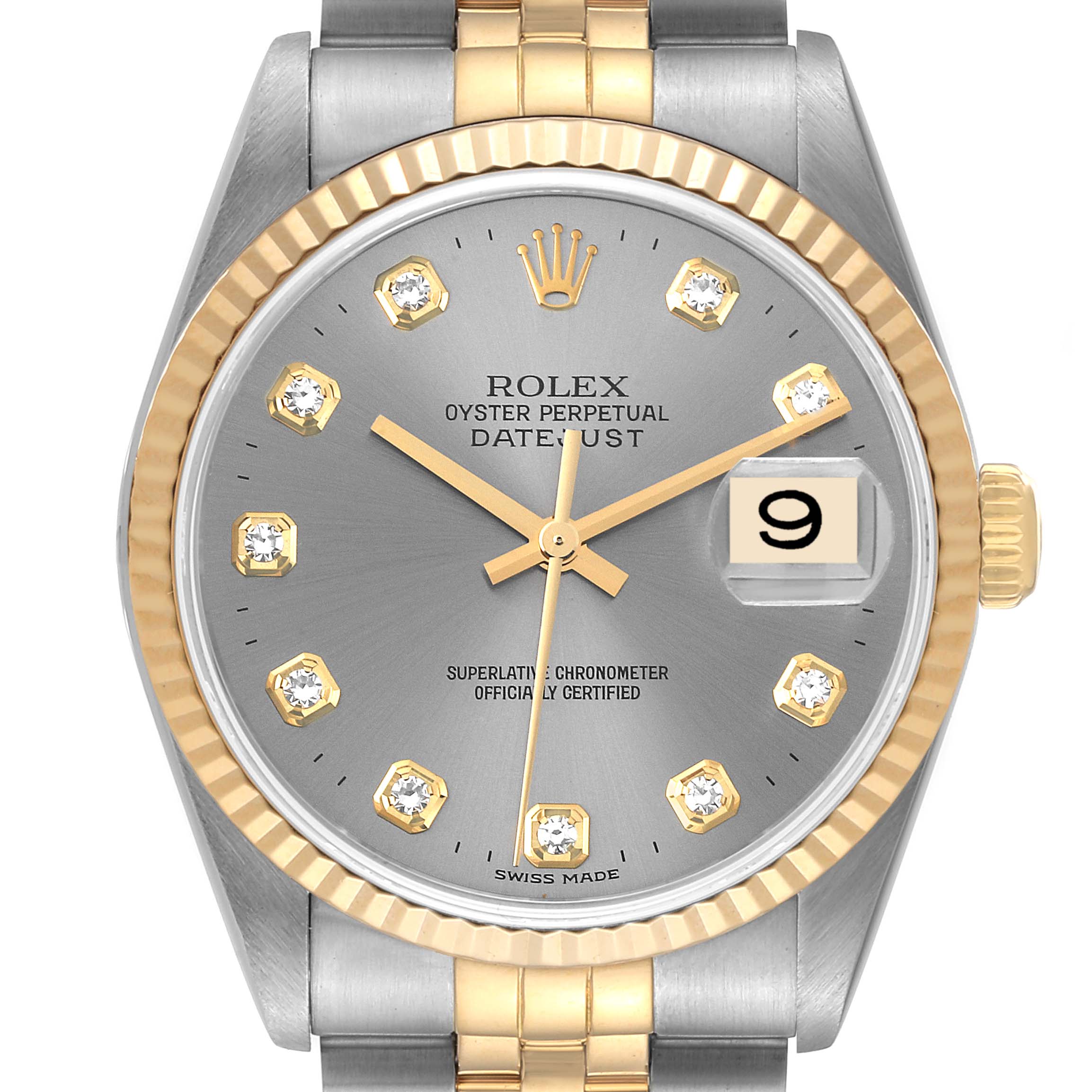 The image shows a Rolex Datejust 16233 Men's Steel and Gold (two tone) Grey Dial 16233 Men's Steel and Gold (two tone) Grey Dial watch from the front, highlighting the dial, hands, date window, and bezel.
