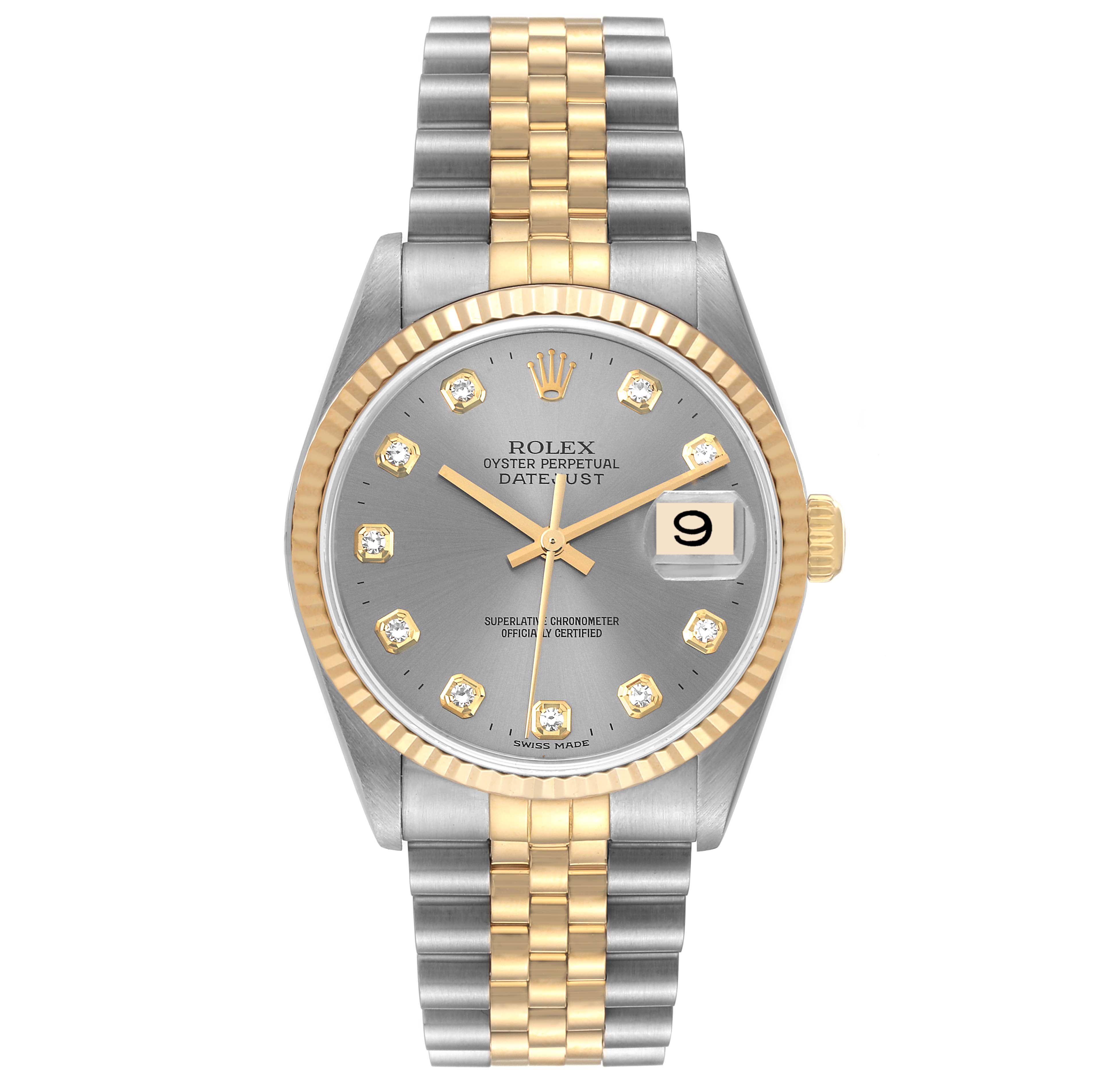 The image shows a front view of a Rolex Datejust 16233 Men's Steel and Gold (two tone) Grey Dial 16233 Men's Steel and Gold (two tone) Grey Dial watch with a two-tone bracelet and diamond hour markers.