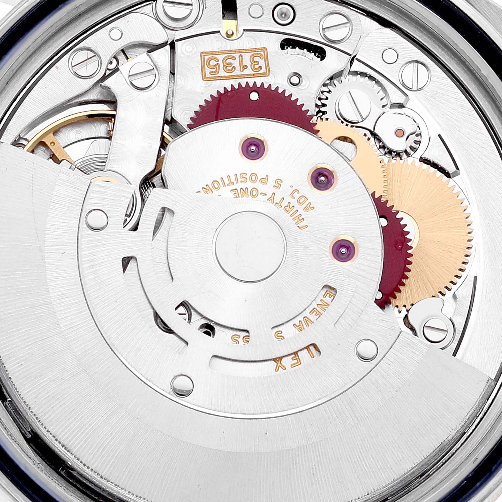 The image shows a close-up view of the movement and internal components of a Rolex Datejust 16233 Men's Steel and Gold (two tone) Champagne Dial 16233 Men's Steel and Gold (two tone) Champagne Dial model watch.