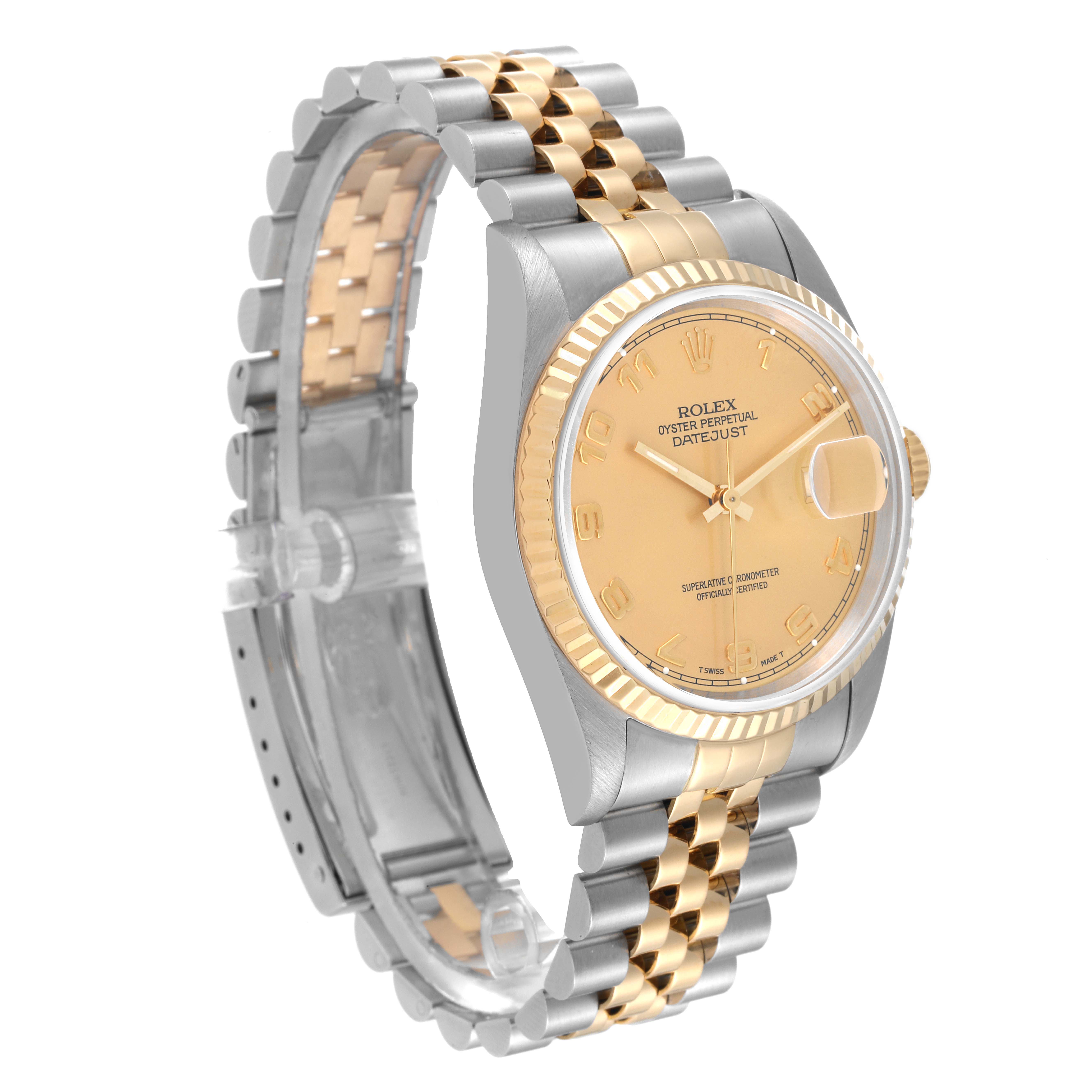 The image shows a side angle of the Rolex Datejust 16233 Men's Steel and Gold (two tone) Champagne Dial 16233 Men's Steel and Gold (two tone) Champagne Dial watch, including its two-tone bracelet, dial, and fluted bezel.