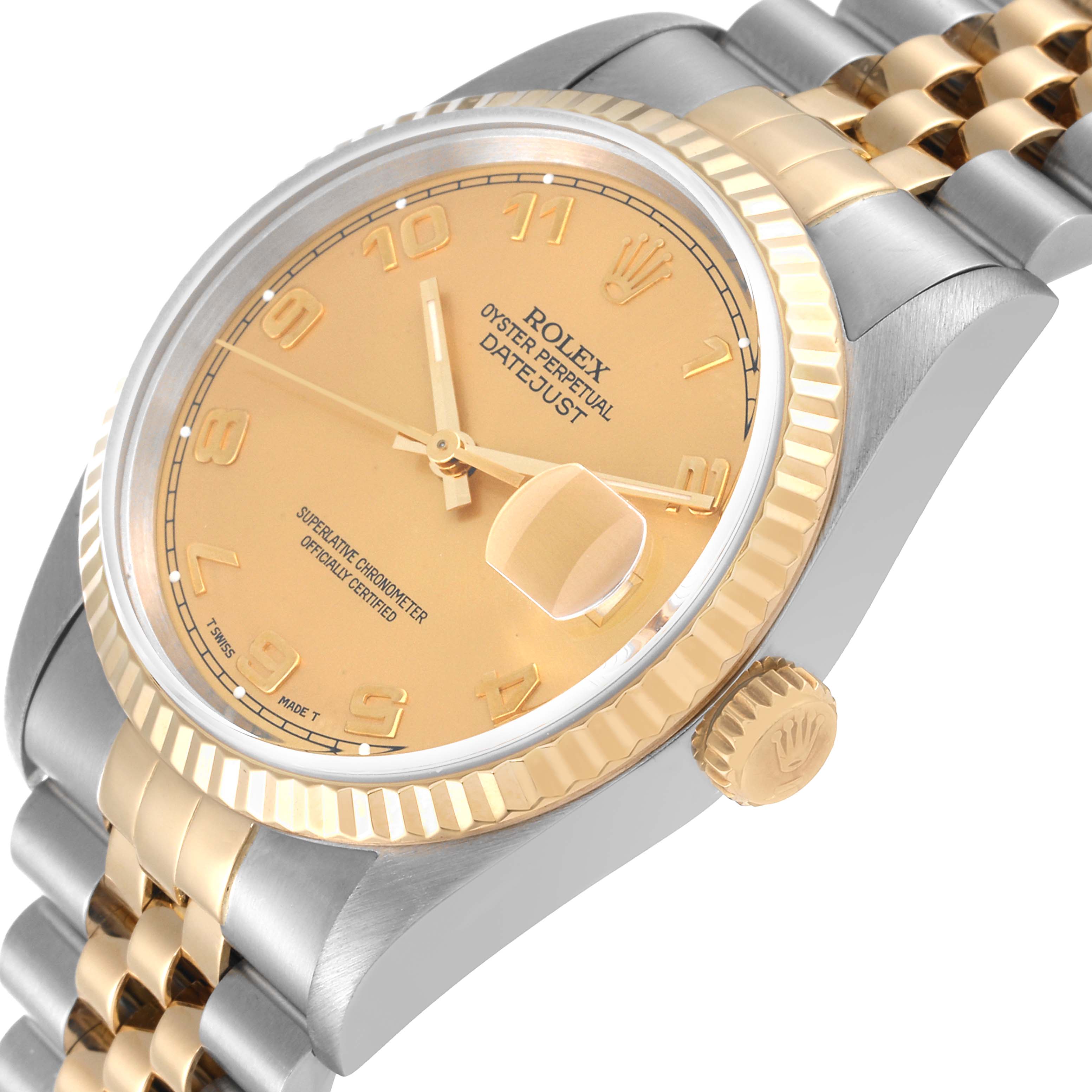 The image shows a close-up angled view of the Rolex Datejust 16233 Men's Steel and Gold (two tone) Champagne Dial 16233 Men's Steel and Gold (two tone) Champagne Dial watch, featuring the dial, bezel, and part of the bracelet.