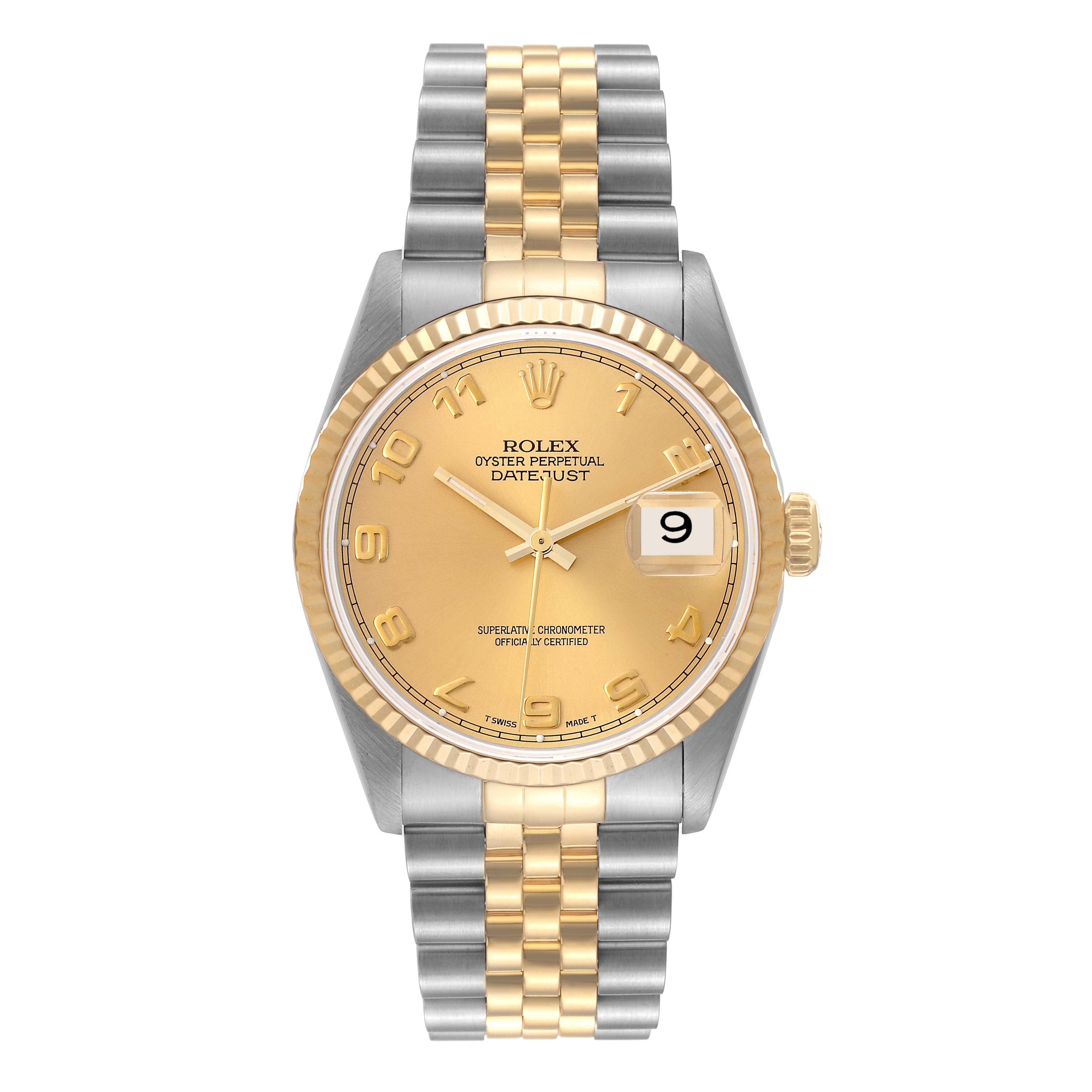 The Rolex Datejust 16233 Men's Steel and Gold (two tone) Champagne Dial 16233 Men's Steel and Gold (two tone) Champagne Dial watch is shown from a front angle, displaying its dial, bezel, hands, and bracelet.