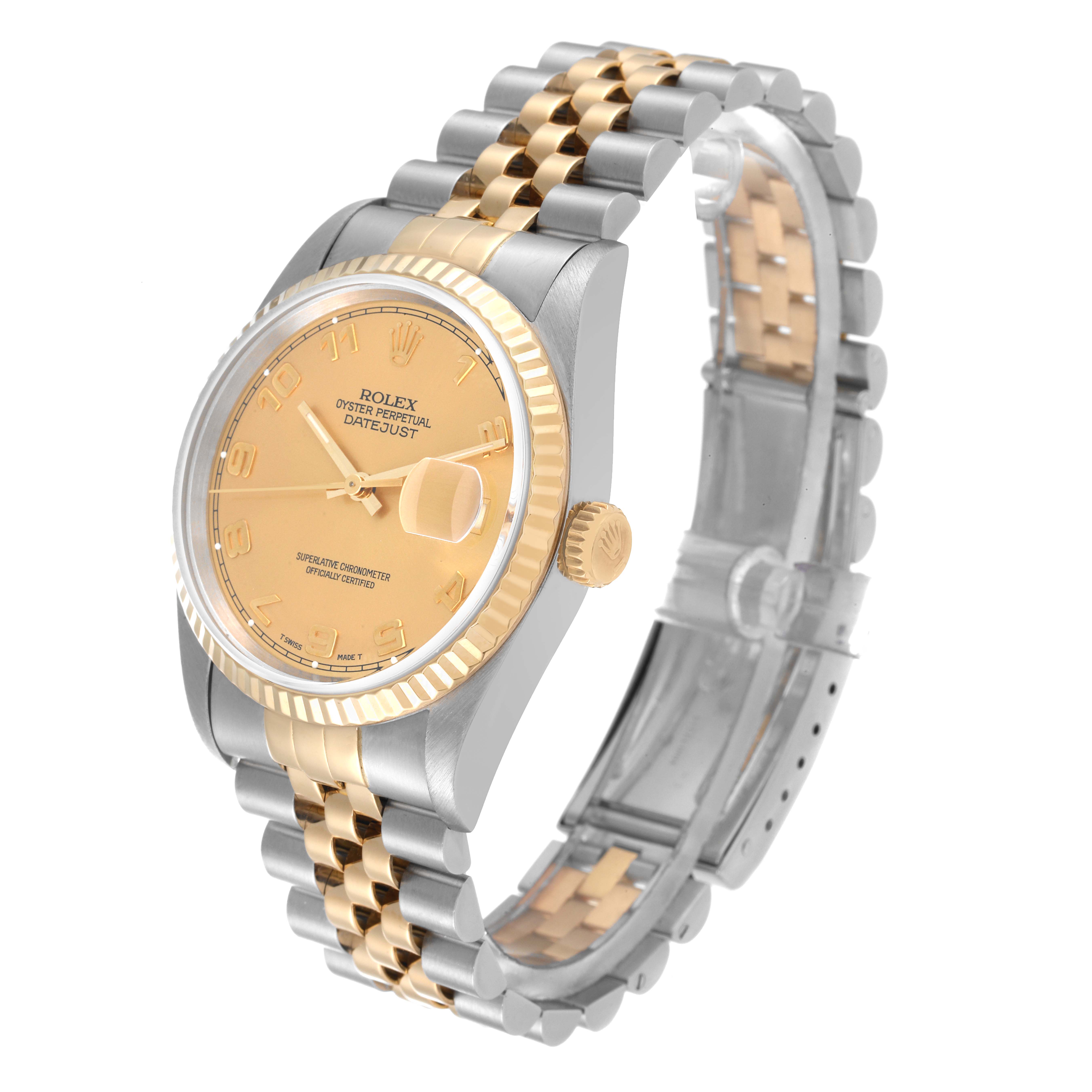 This image shows a Rolex Datejust 16233 Men's Steel and Gold (two tone) Champagne Dial 16233 Men's Steel and Gold (two tone) Champagne Dial watch at a three-quarter angle, highlighting its face, bezel, and two-tone bracelet.