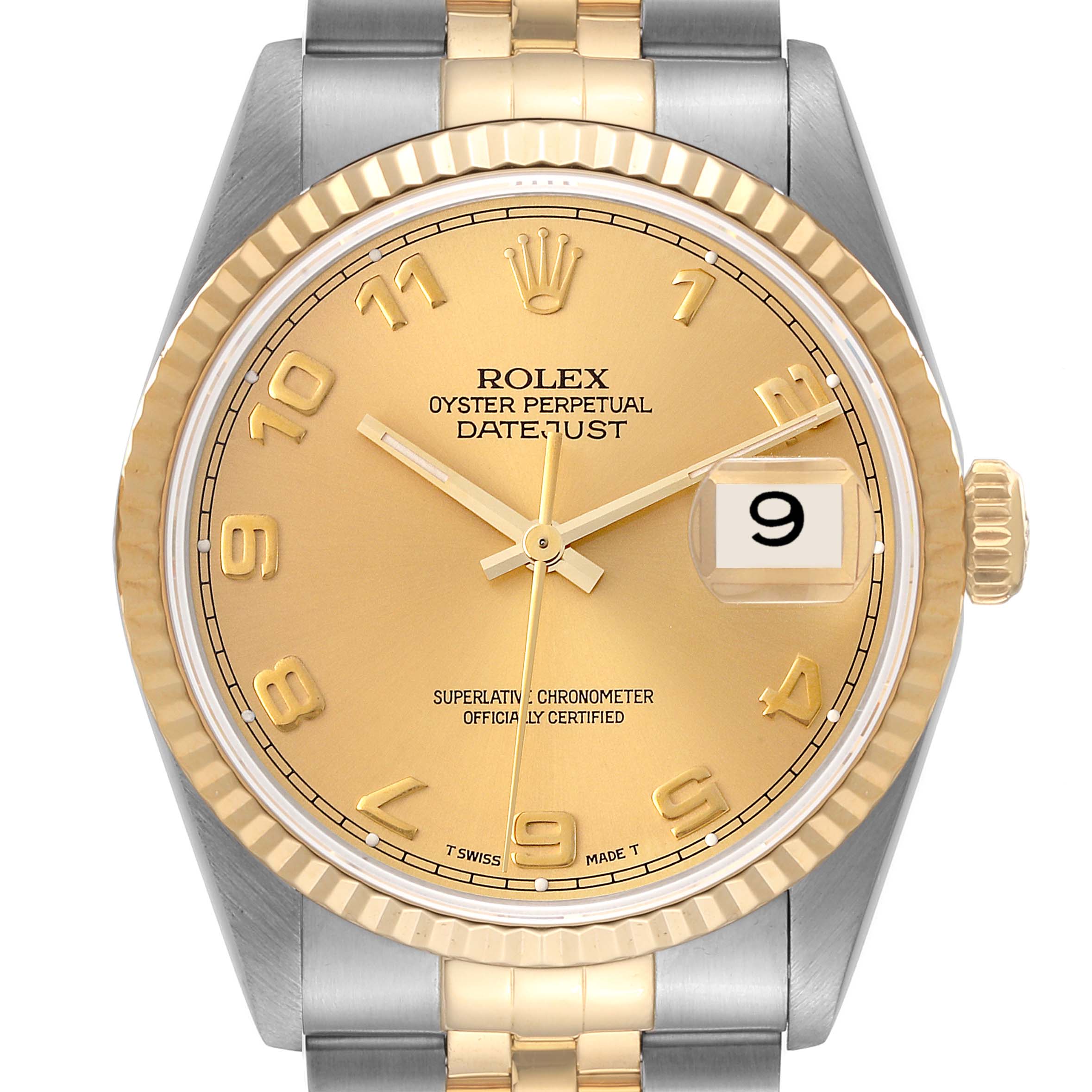 The image shows a frontal view of a Rolex Datejust 16233 Men's Steel and Gold (two tone) Champagne Dial 16233 Men's Steel and Gold (two tone) Champagne Dial watch, featuring its gold dial, date window, and two-tone bracelet.