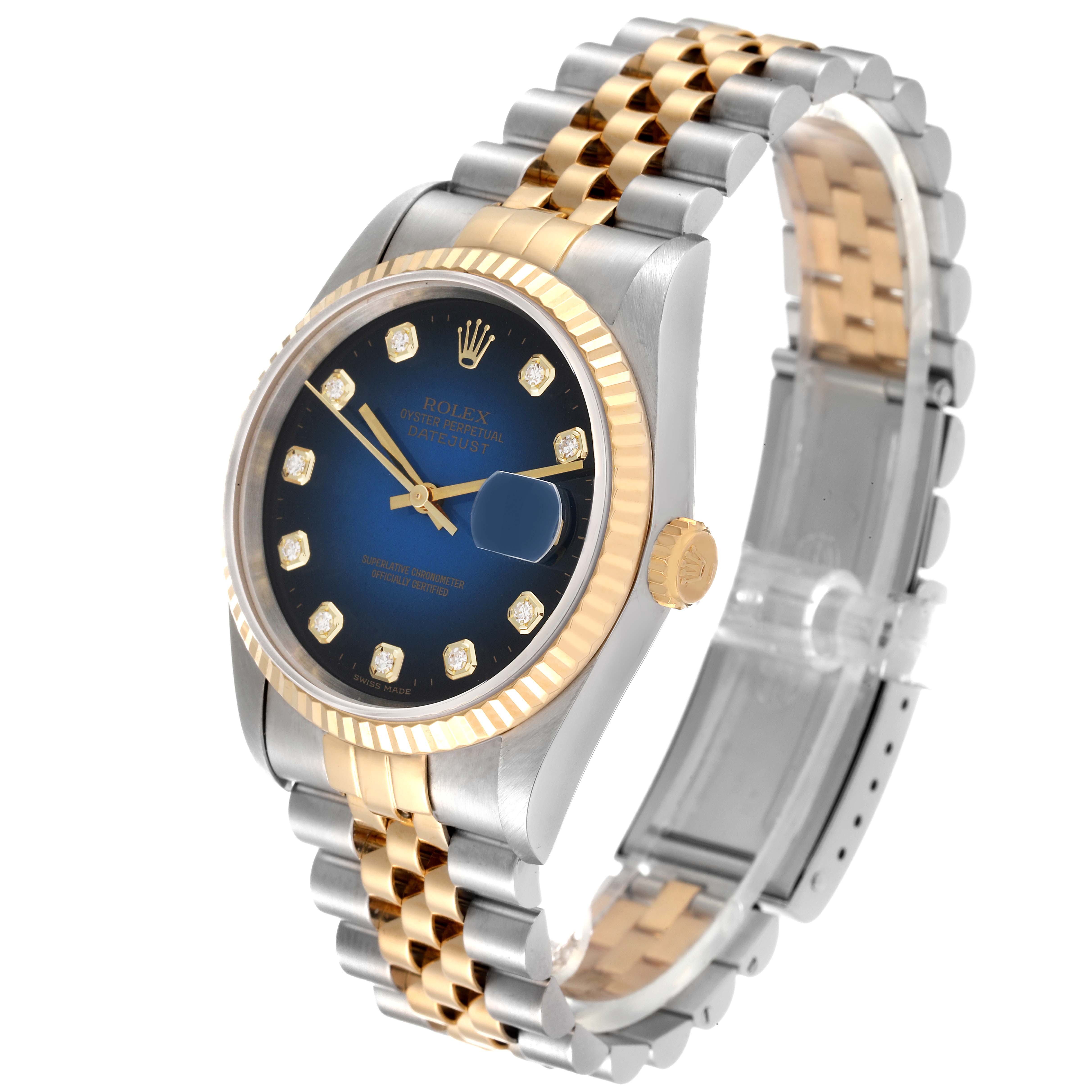 This image shows a side and front angle of a Rolex Datejust 16233 Men's Steel and Gold (two tone) Blue Dial 16233 Men's Steel and Gold (two tone) Blue Dial watch, highlighting its bezel, dial, crown, and bracelet.