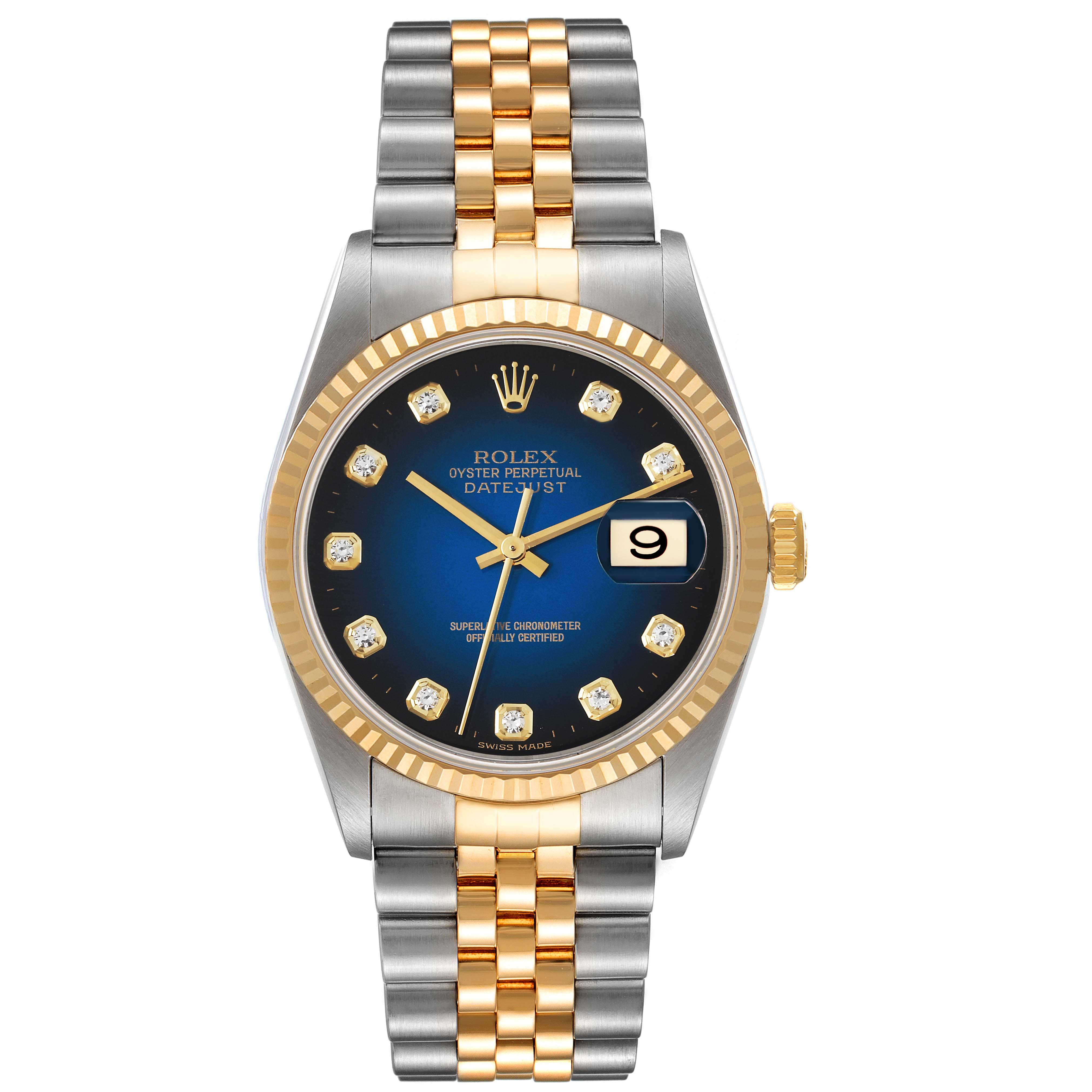 The image shows a front view of a Datejust model by Rolex highlighting its blue dial, gold and steel bracelet, and date window.