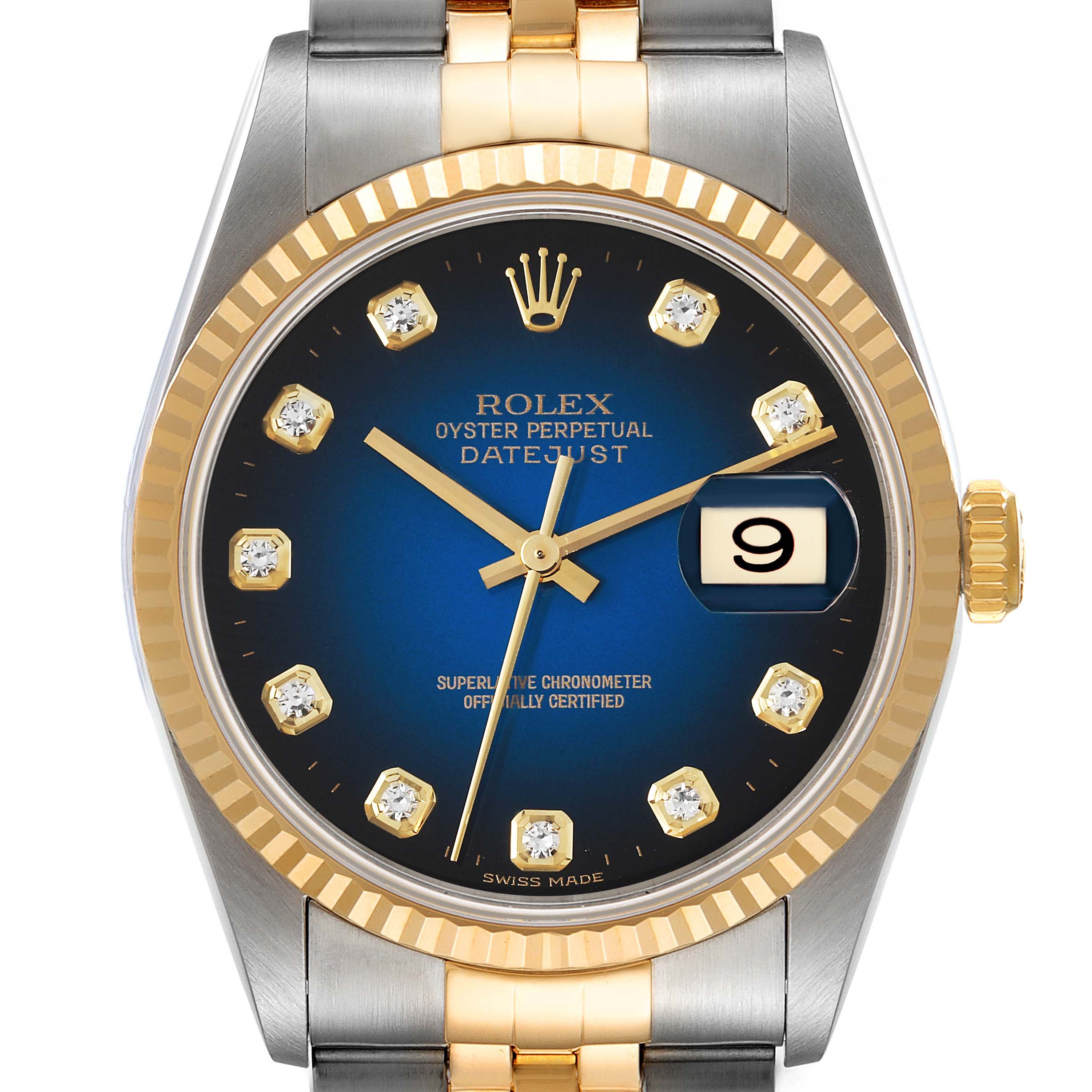 The image shows a front view of a Rolex Datejust 16233 Men's Steel and Gold (two tone) Blue Dial 16233 Men's Steel and Gold (two tone) Blue Dial watch highlighting its blue dial, diamond indices, and date window.