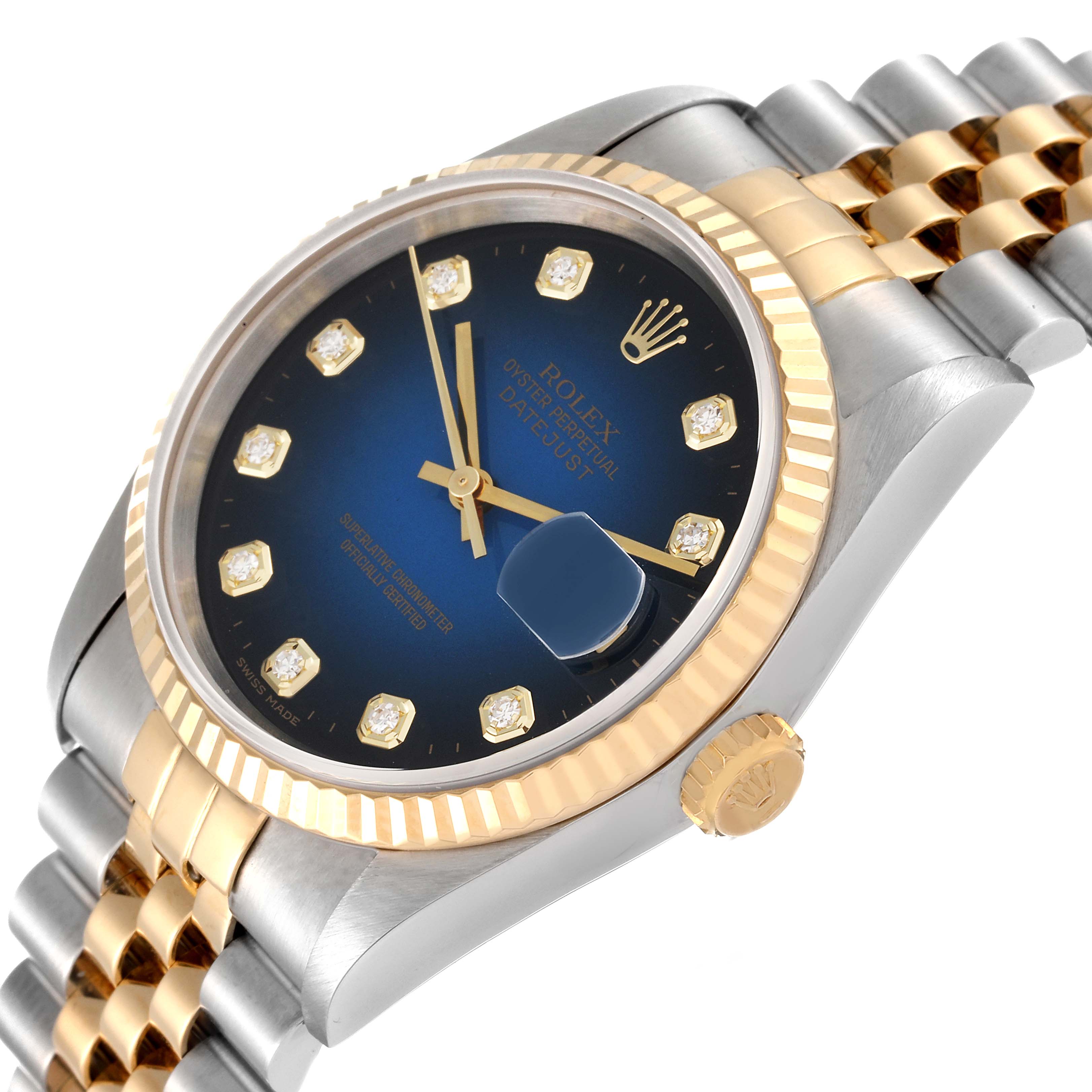 The image shows a Rolex Datejust 16233 Men's Steel and Gold (two tone) Blue Dial 16233 Men's Steel and Gold (two tone) Blue Dial watch at a three-quarter angle, highlighting its blue dial, diamond hour markers, and two-tone bracelet.