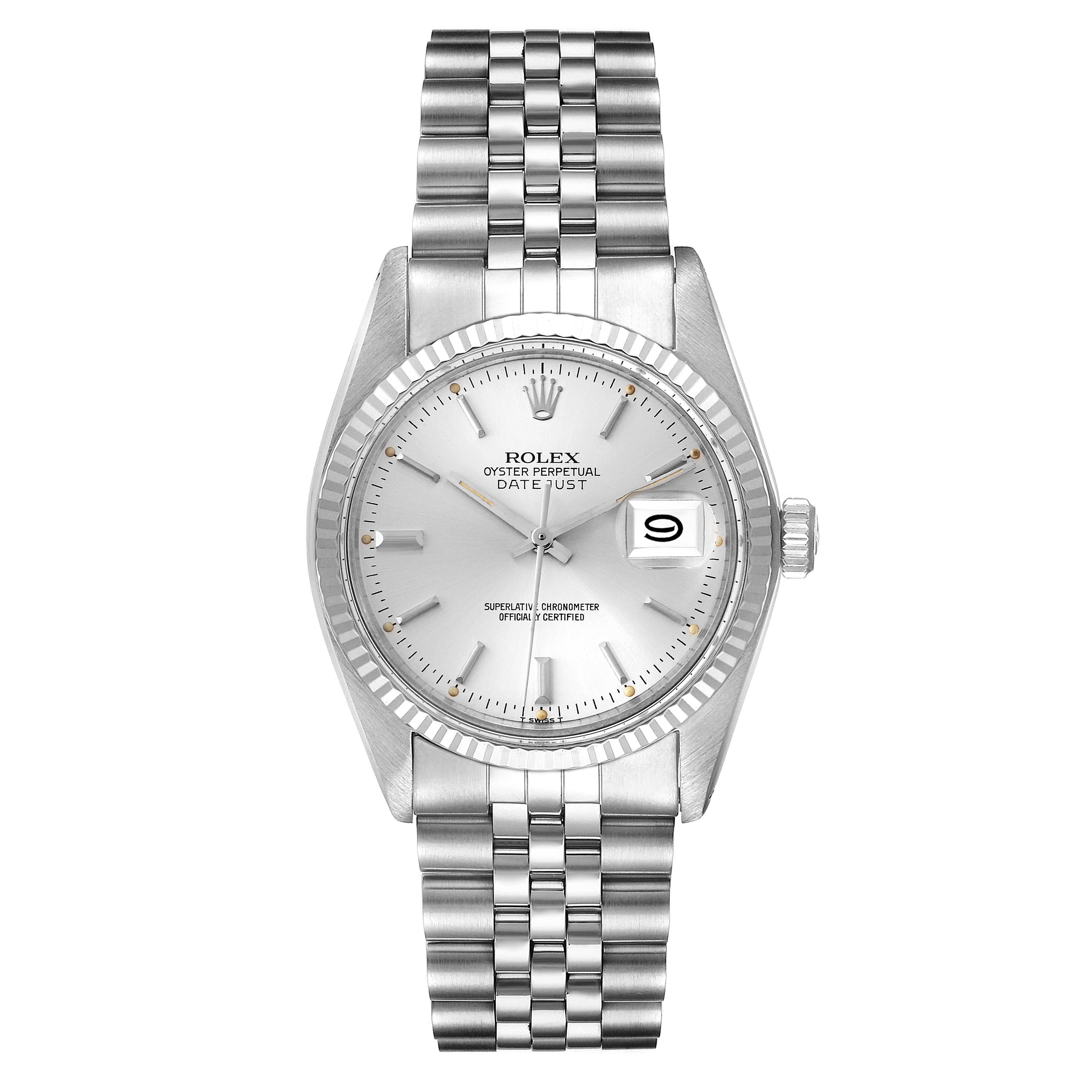 This image shows a front view of the Rolex Datejust 16014 Men's Stainless Steel Silver Dial 16014 Men's Stainless Steel Silver Dial watch featuring its face, fluted bezel, and Jubilee bracelet.