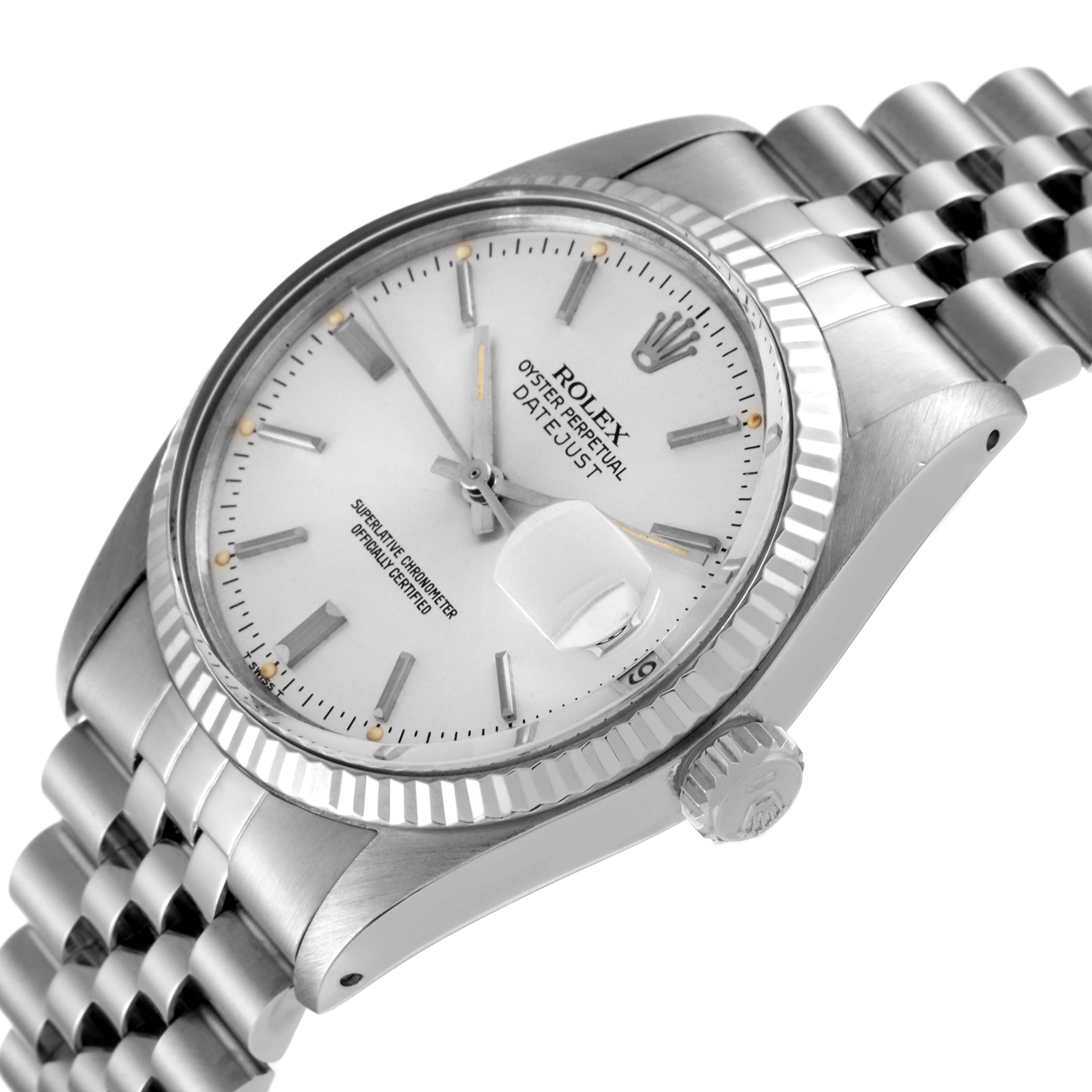 The image shows a close-up, angled view of the Rolex Datejust 16014 Men's Stainless Steel Silver Dial 16014 Men's Stainless Steel Silver Dial watch, displaying the dial, bezel, bracelet, and crown.