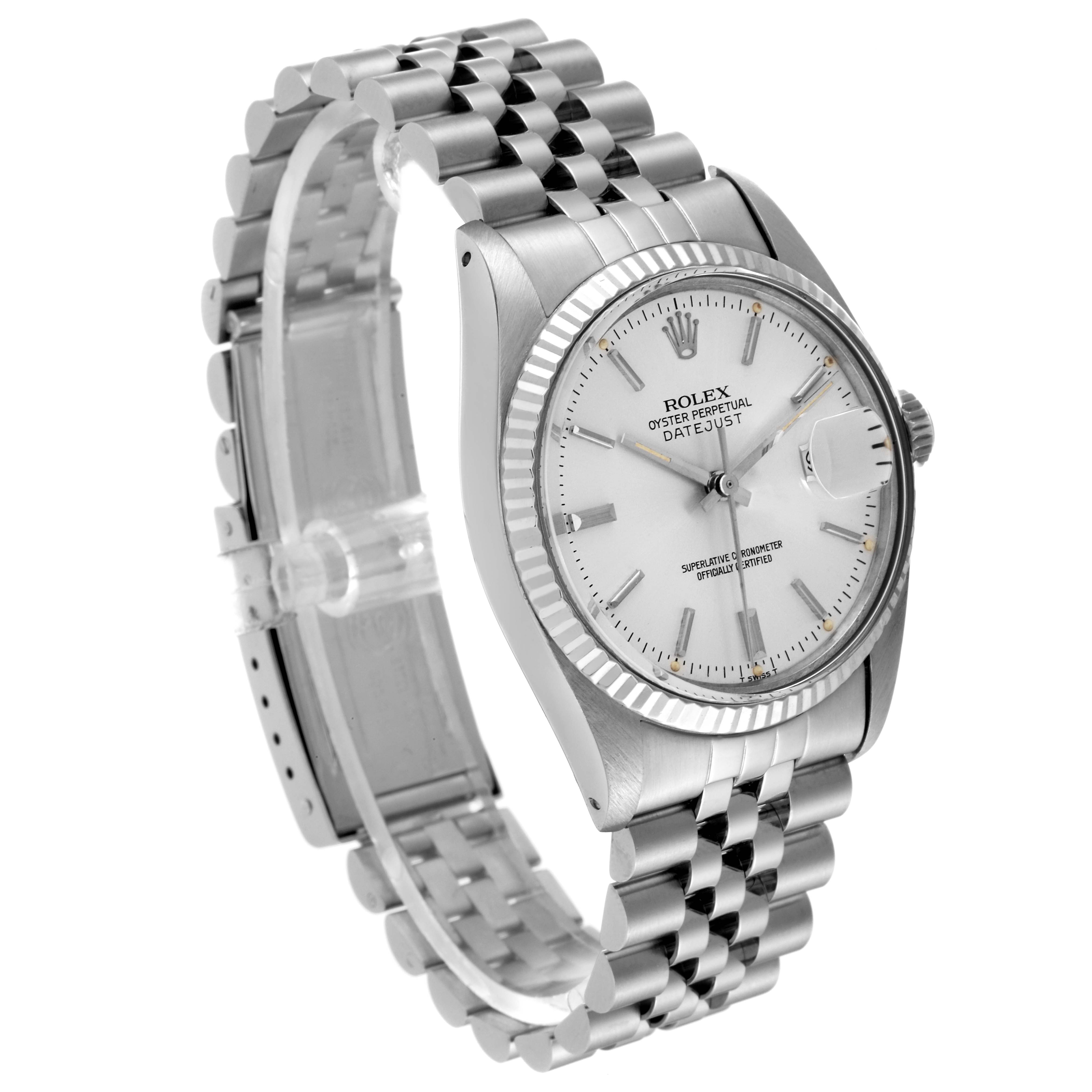 This image shows a Rolex Datejust 16014 Men's Stainless Steel Silver Dial 16014 Men's Stainless Steel Silver Dial watch at a three-quarter angle, highlighting the dial, fluted bezel, and Jubilee bracelet.