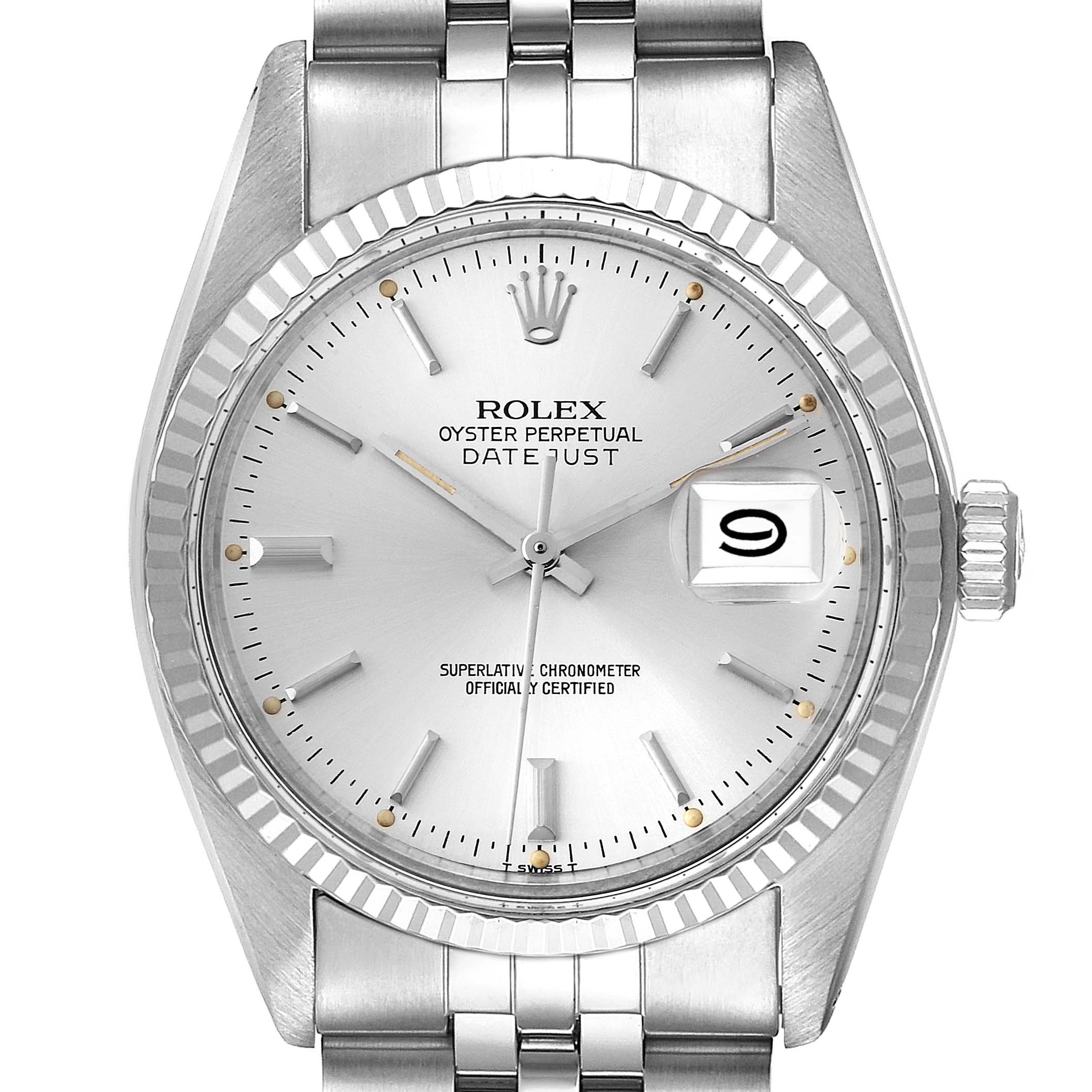 The image shows a front view of a Rolex Datejust 16014 Men's Stainless Steel Silver Dial 16014 Men's Stainless Steel Silver Dial watch, including its face, fluted bezel, bracelet, and crown.