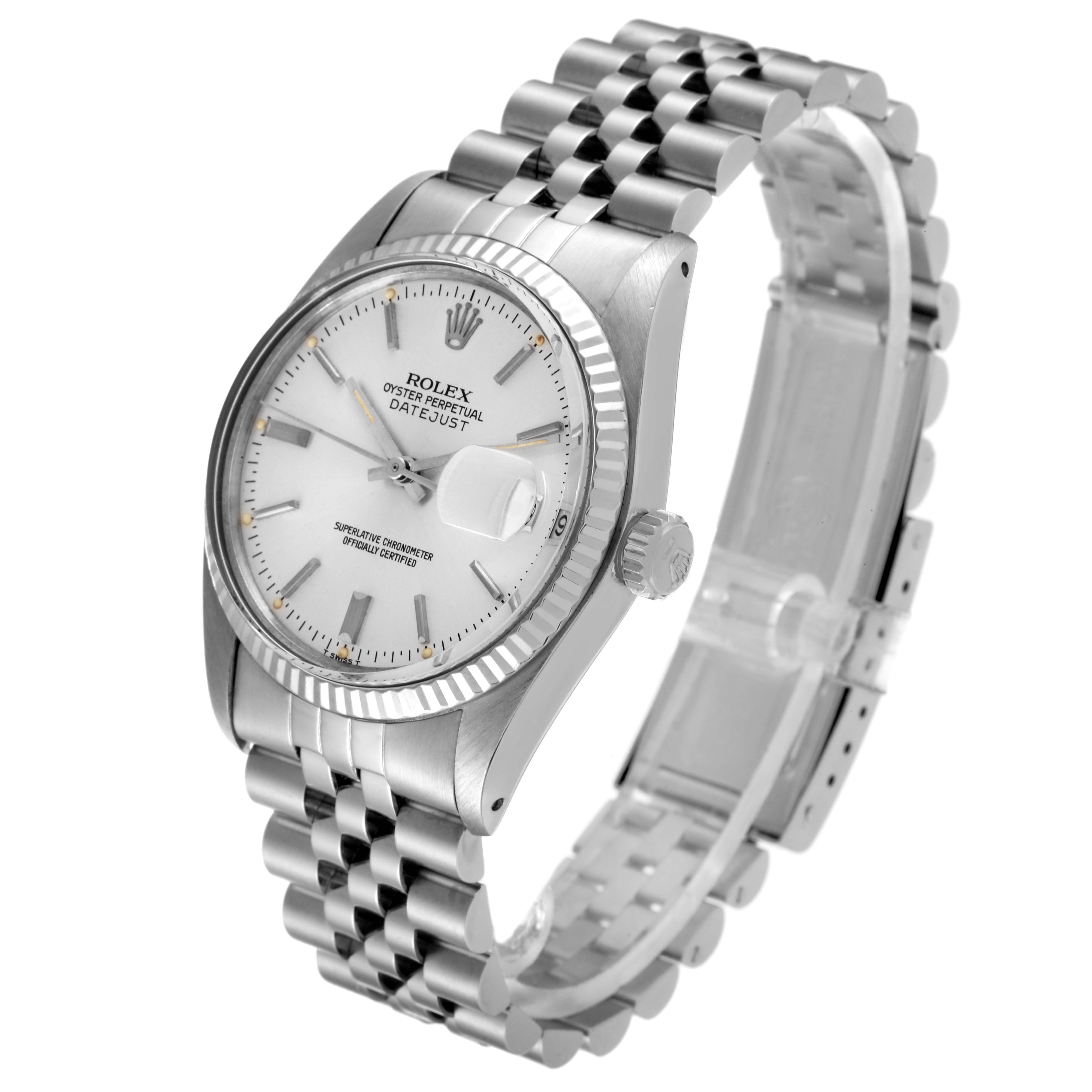 This image shows a Rolex Datejust 16014 Men's Stainless Steel Silver Dial 16014 Men's Stainless Steel Silver Dial watch angled to display the face, bezel, crown, and part of the bracelet.