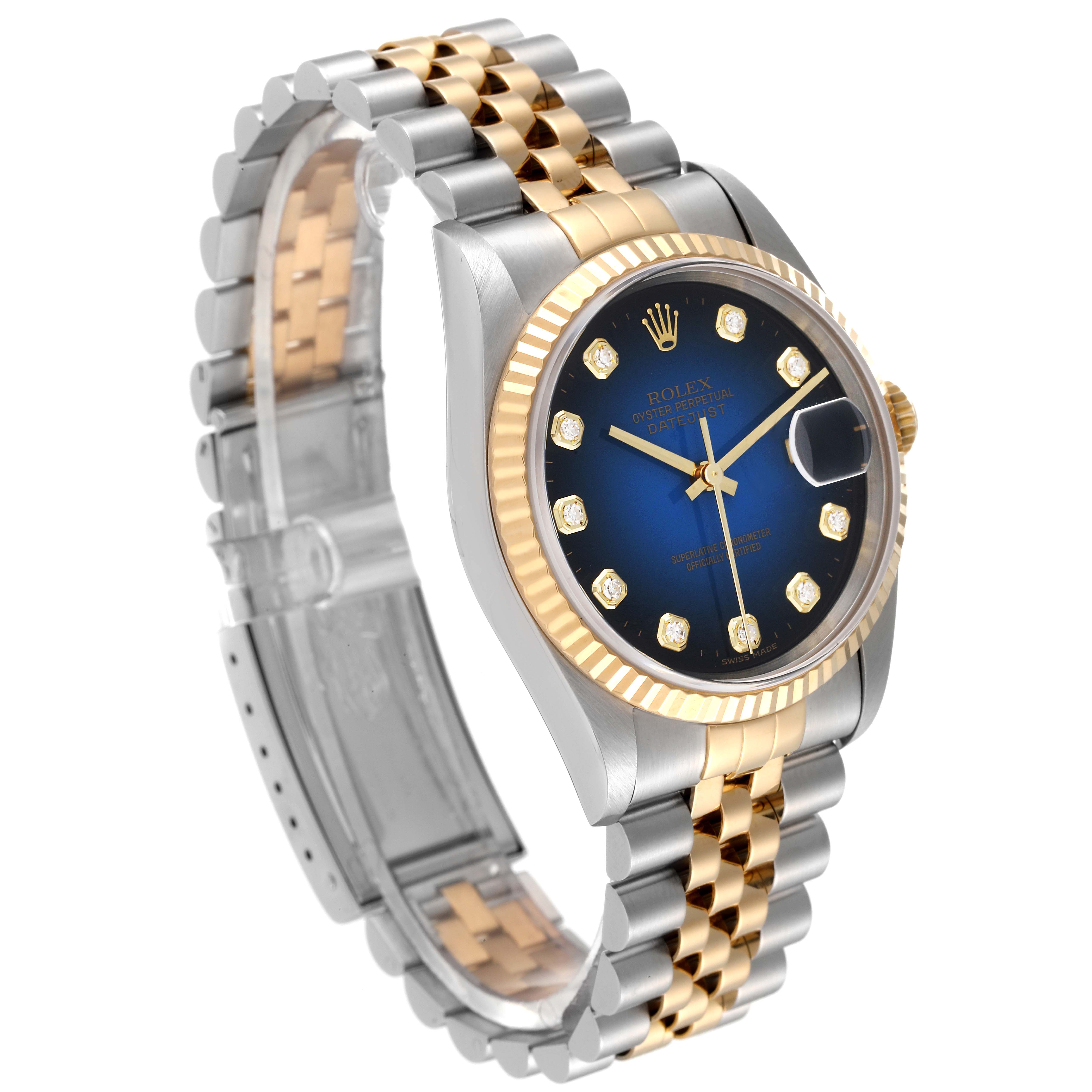 The image shows a Rolex Datejust 16233 Men's Steel and Gold (two tone) Blue Dial 16233 Men's Steel and Gold (two tone) Blue Dial watch at a slight angle, displaying the dial, bezel, crown, and full bracelet.