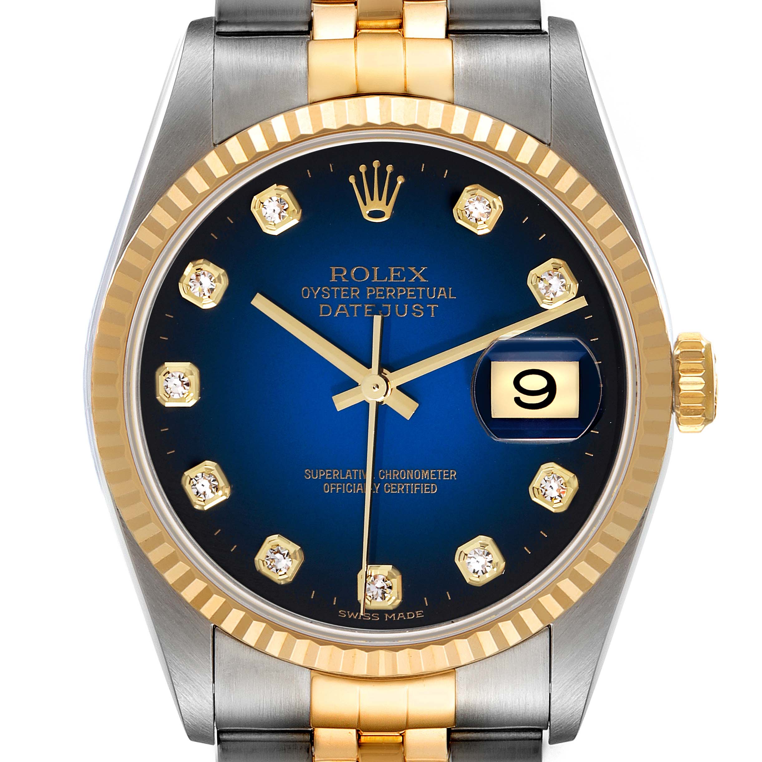 This image shows a close-up, front view of a Rolex Datejust 16233 Men's Steel and Gold (two tone) Blue Dial 16233 Men's Steel and Gold (two tone) Blue Dial watch with a blue dial and two-tone bracelet.