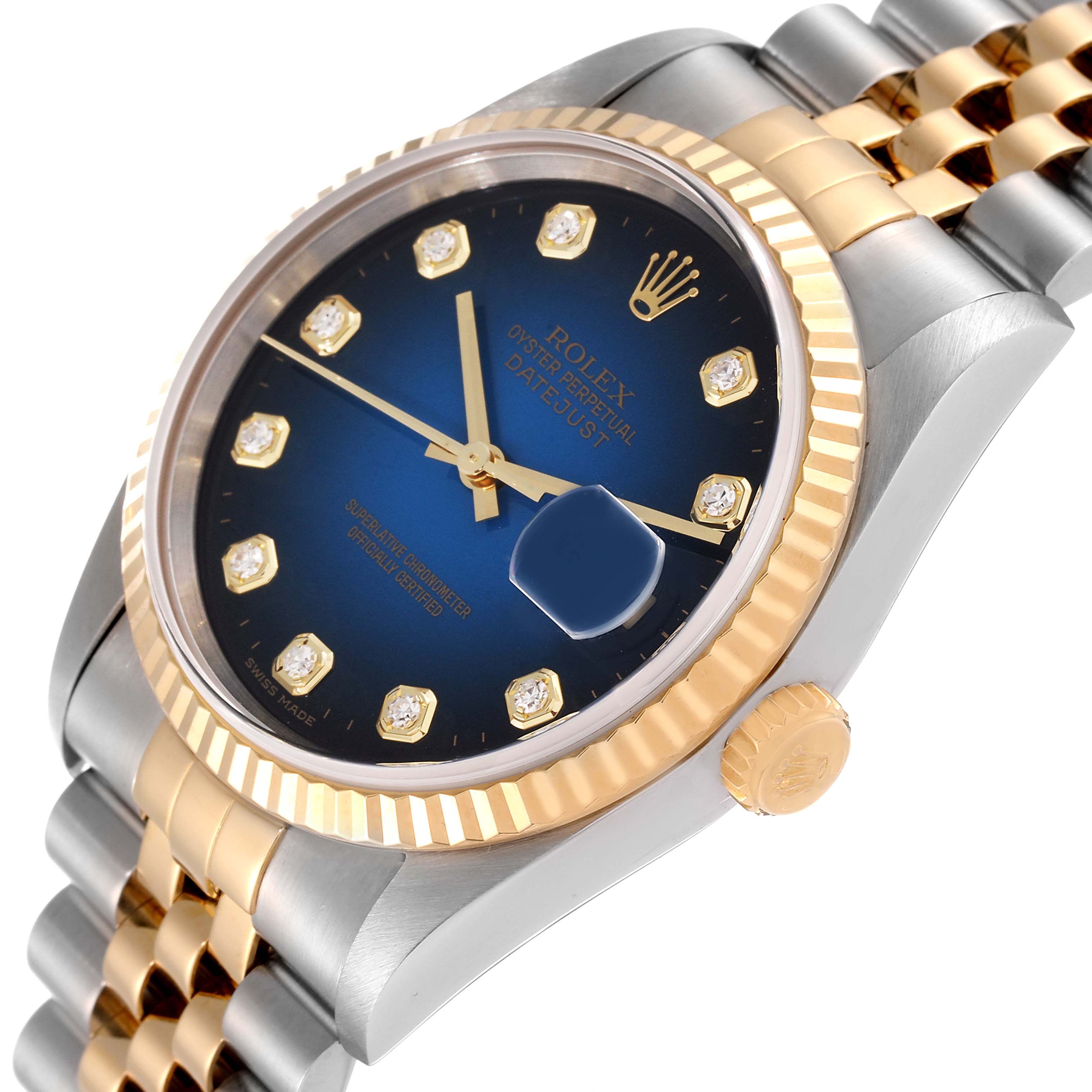 The Rolex Datejust 16233 Men's Steel and Gold (two tone) Blue Dial 16233 Men's Steel and Gold (two tone) Blue Dial watch is shown from a slightly angled top-down view, displaying the fluted bezel, crown, and Jubilee bracelet.