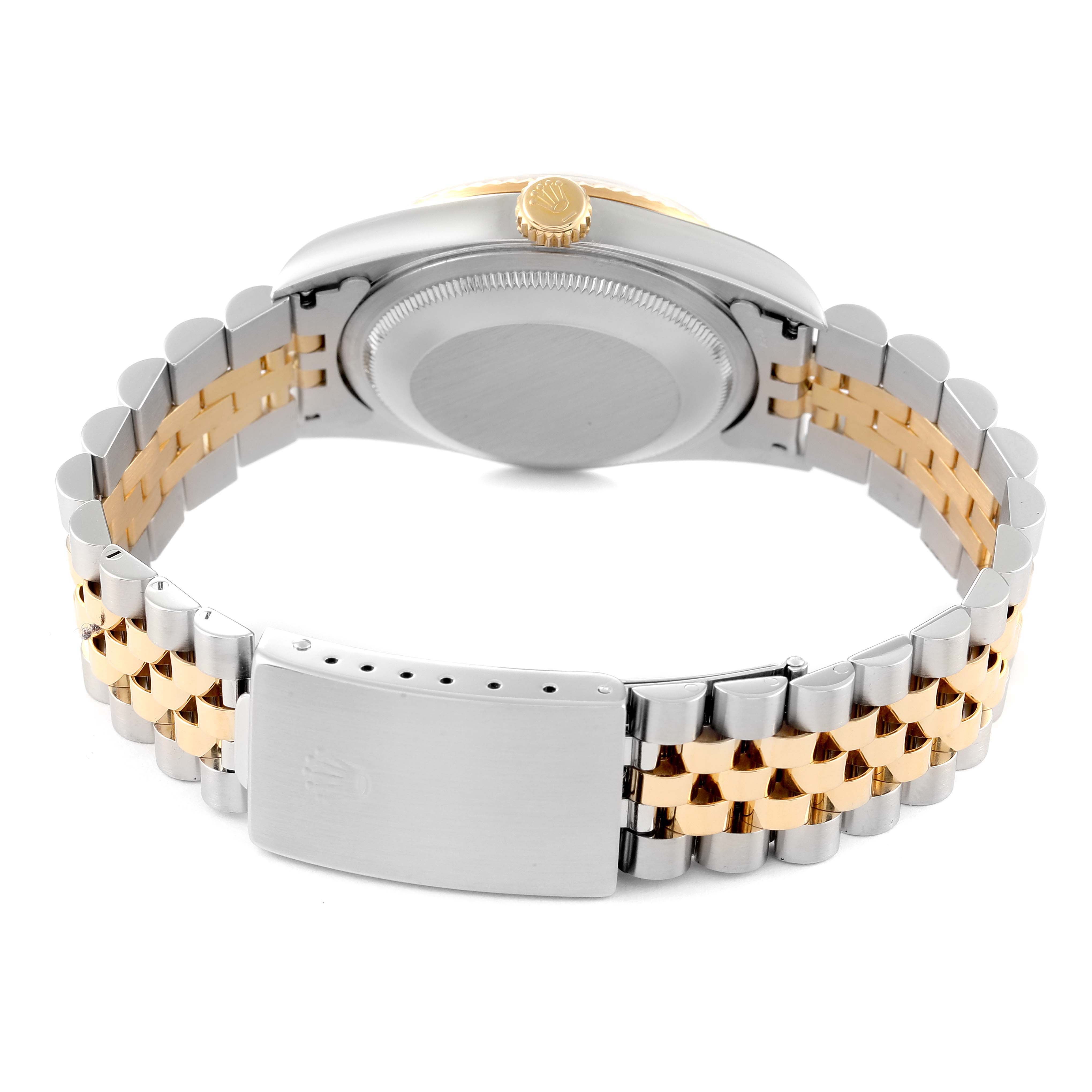 The image shows the back view of a Rolex Datejust 16233 Men's Steel and Gold (two tone) Blue Dial 16233 Men's Steel and Gold (two tone) Blue Dial watch, highlighting the case, crown, and two-tone Jubilee bracelet with clasp.