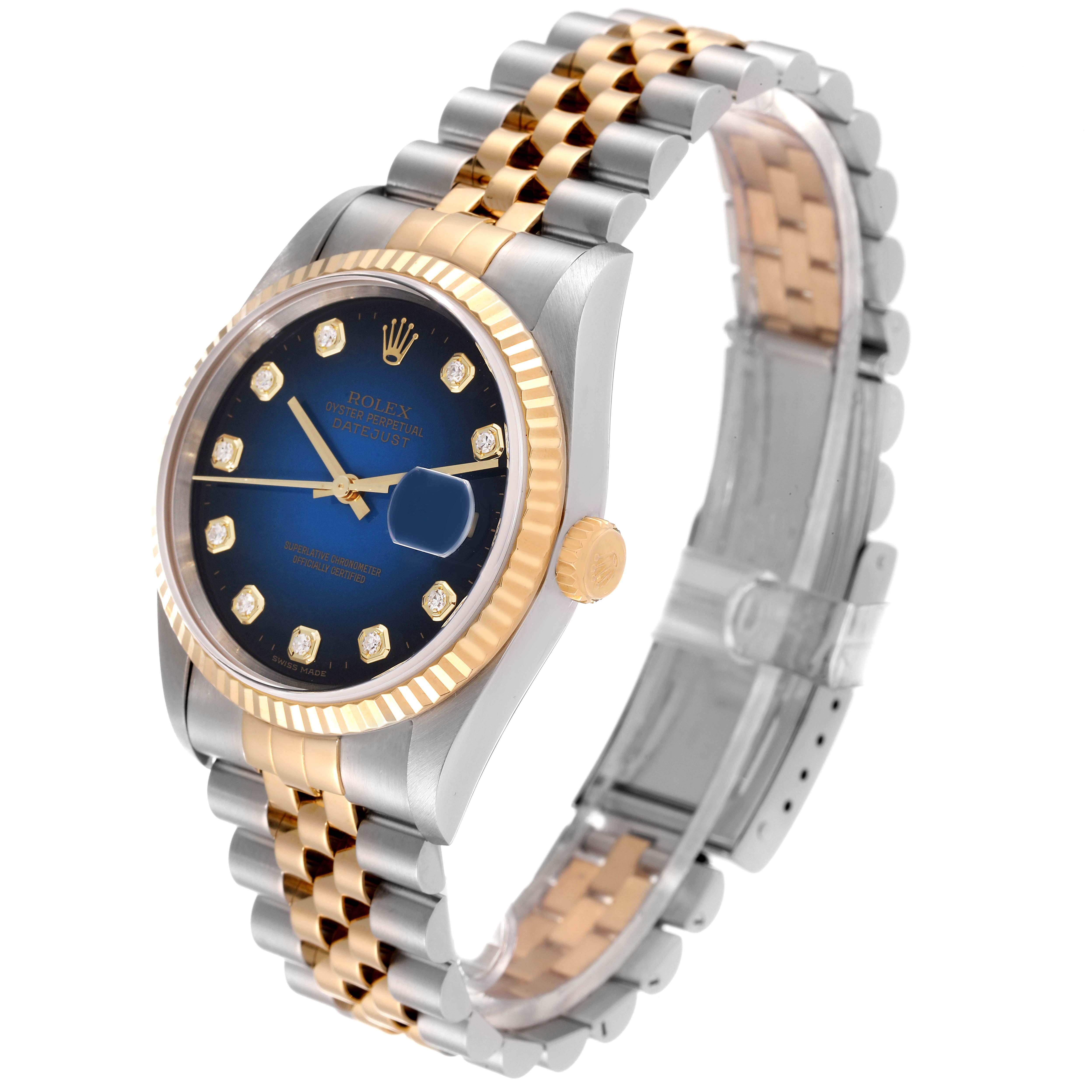 The image shows a side angle of the Rolex Datejust 16233 Men's Steel and Gold (two tone) Blue Dial 16233 Men's Steel and Gold (two tone) Blue Dial watch, highlighting its jubilee bracelet, blue dial, and fluted bezel.