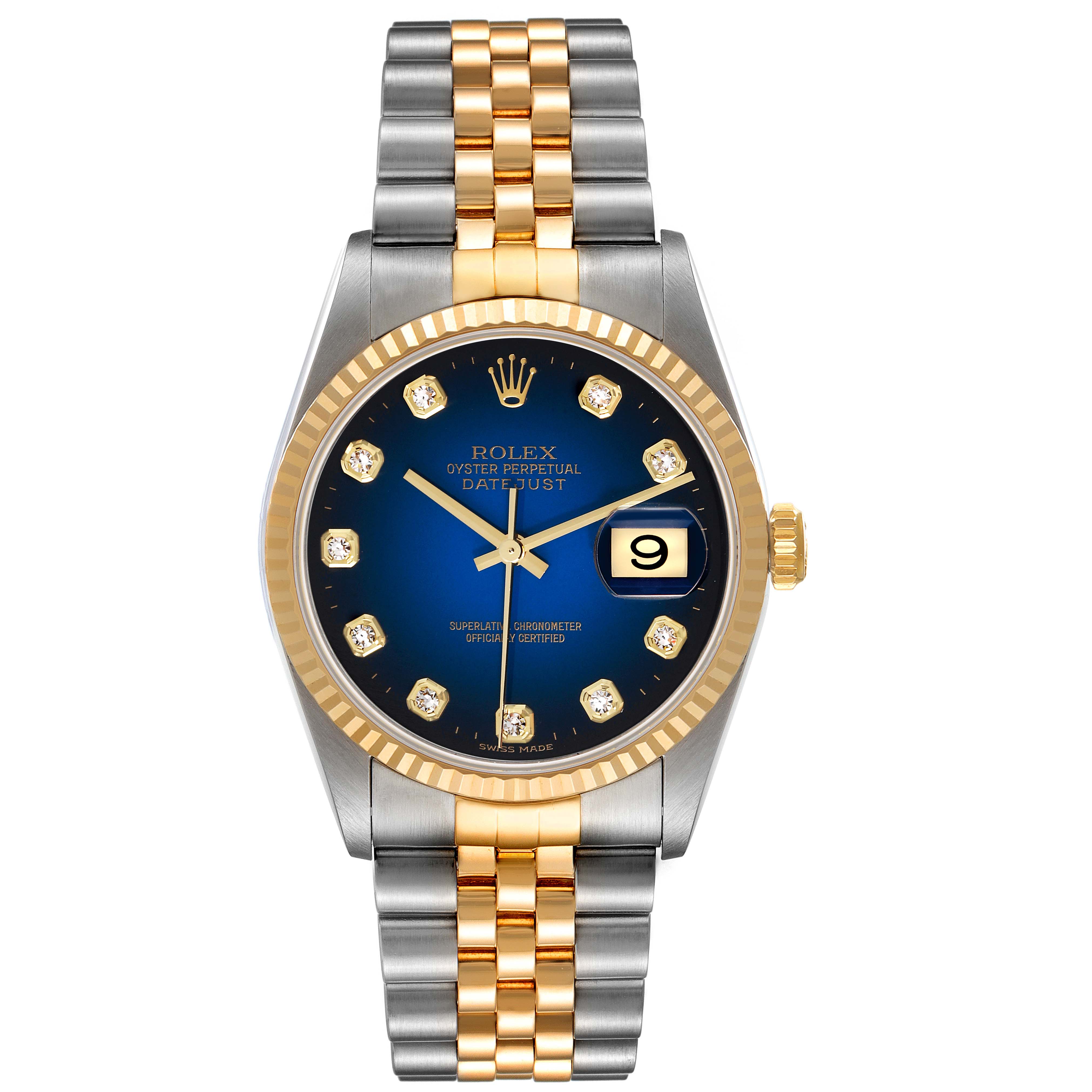 This is a front view of a Rolex Datejust 16233 Men's Steel and Gold (two tone) Blue Dial 16233 Men's Steel and Gold (two tone) Blue Dial watch, showcasing the blue dial, date window, and two-tone bracelet.