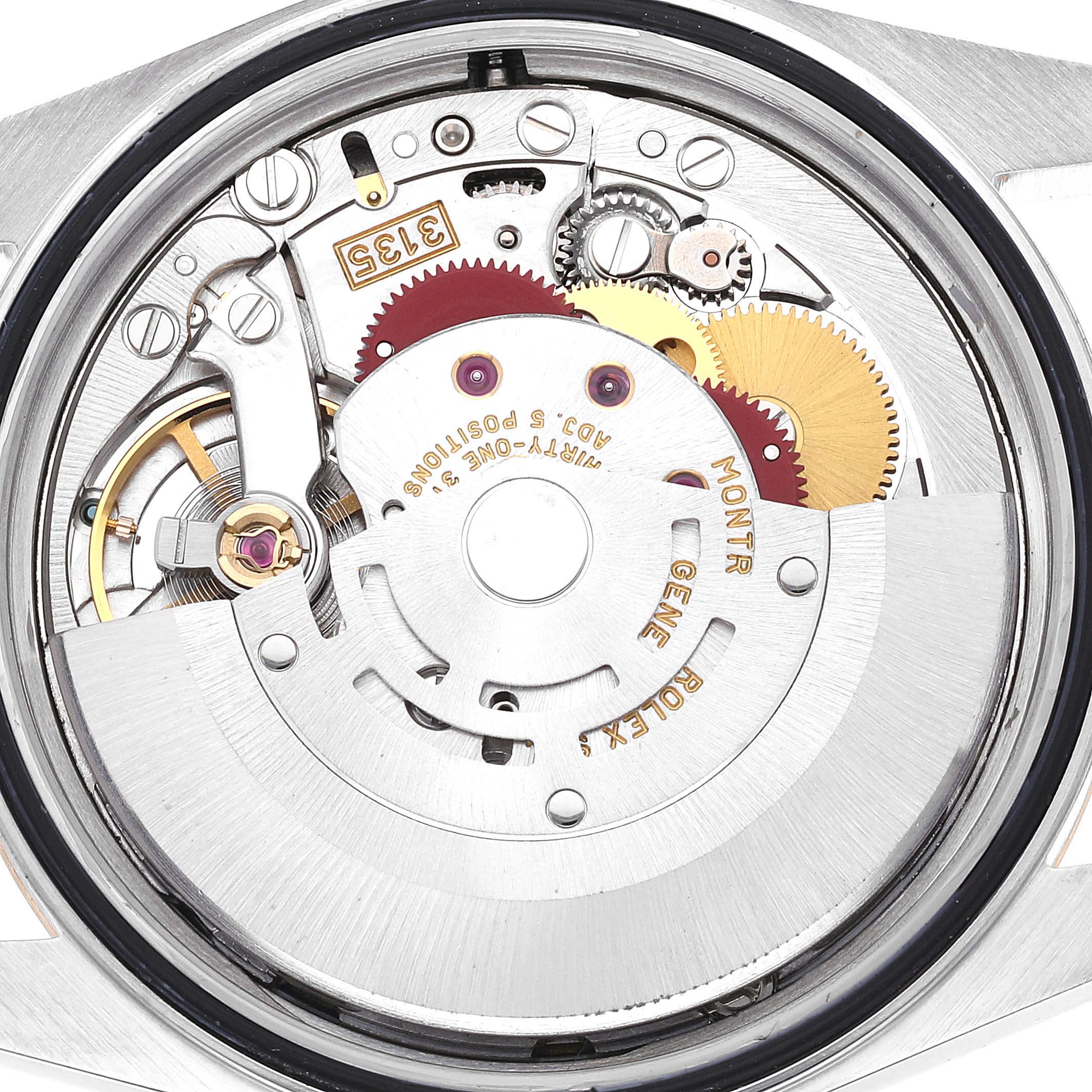This image shows the internal mechanical movement of a Rolex Datejust 16233 Men's Steel and Gold (two tone) Blue Dial 16233 Men's Steel and Gold (two tone) Blue Dial watch from a rear angle with the caseback removed.