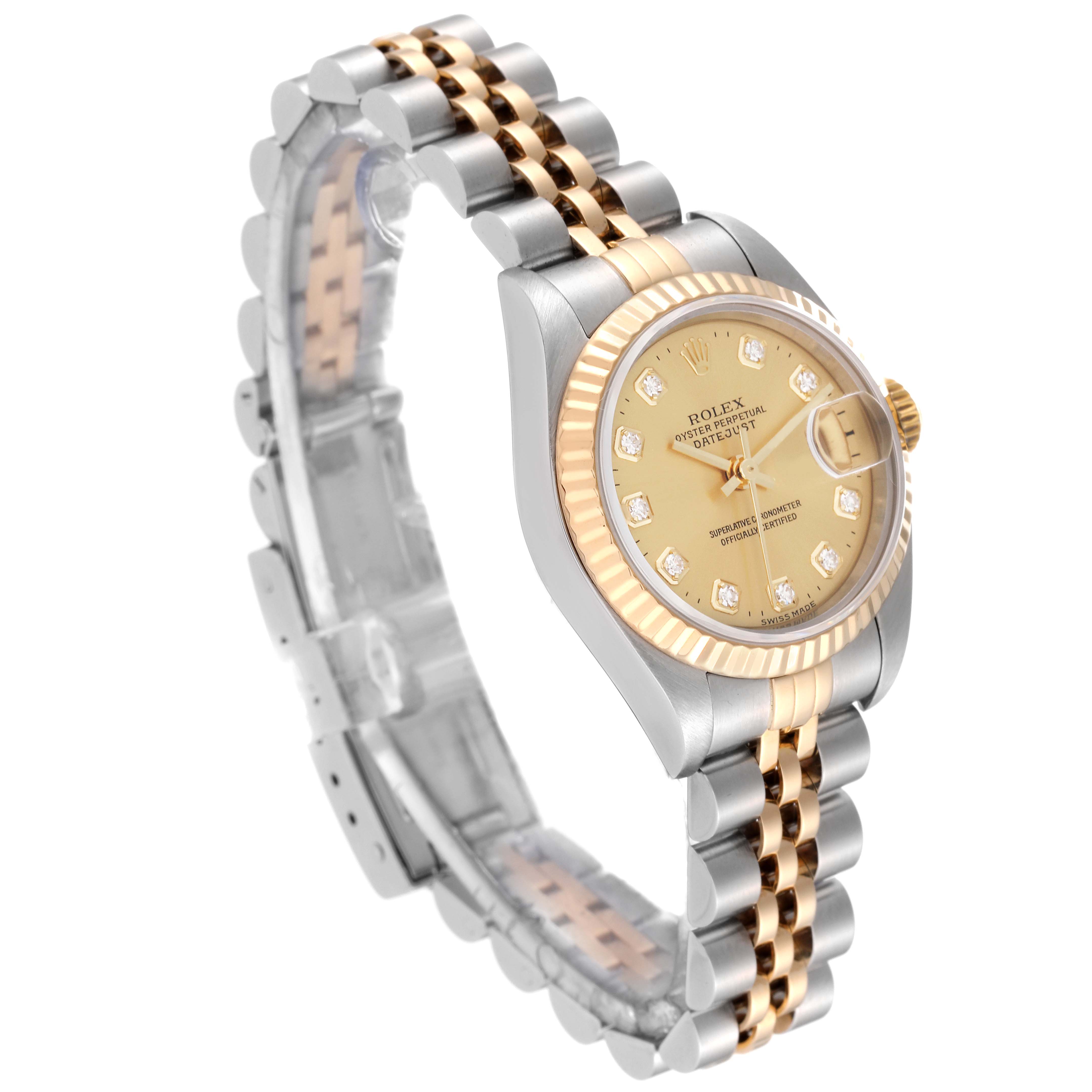 This image shows a side angle of a Rolex Datejust 79173G Women's Steel and Gold (two tone) Champagne Dial 79173G Women's Steel and Gold (two tone) Champagne Dial watch, highlighting its two-tone bracelet, gold dial, and fluted bezel.