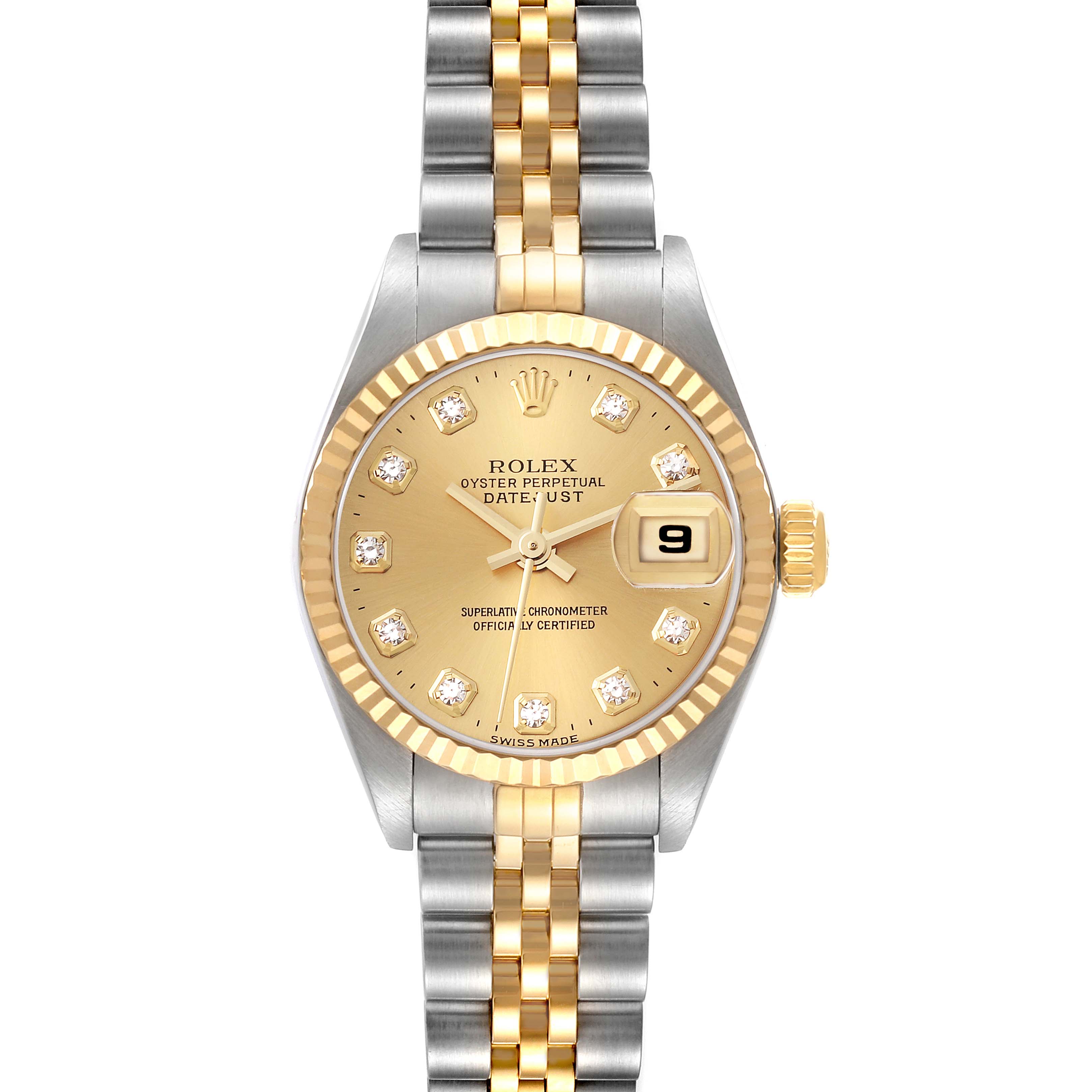 This image shows a Rolex Datejust 79173G Women's Steel and Gold (two tone) Champagne Dial 79173G Women's Steel and Gold (two tone) Champagne Dial watch from a front angle, highlighting the dial, bezel, and bracelet.