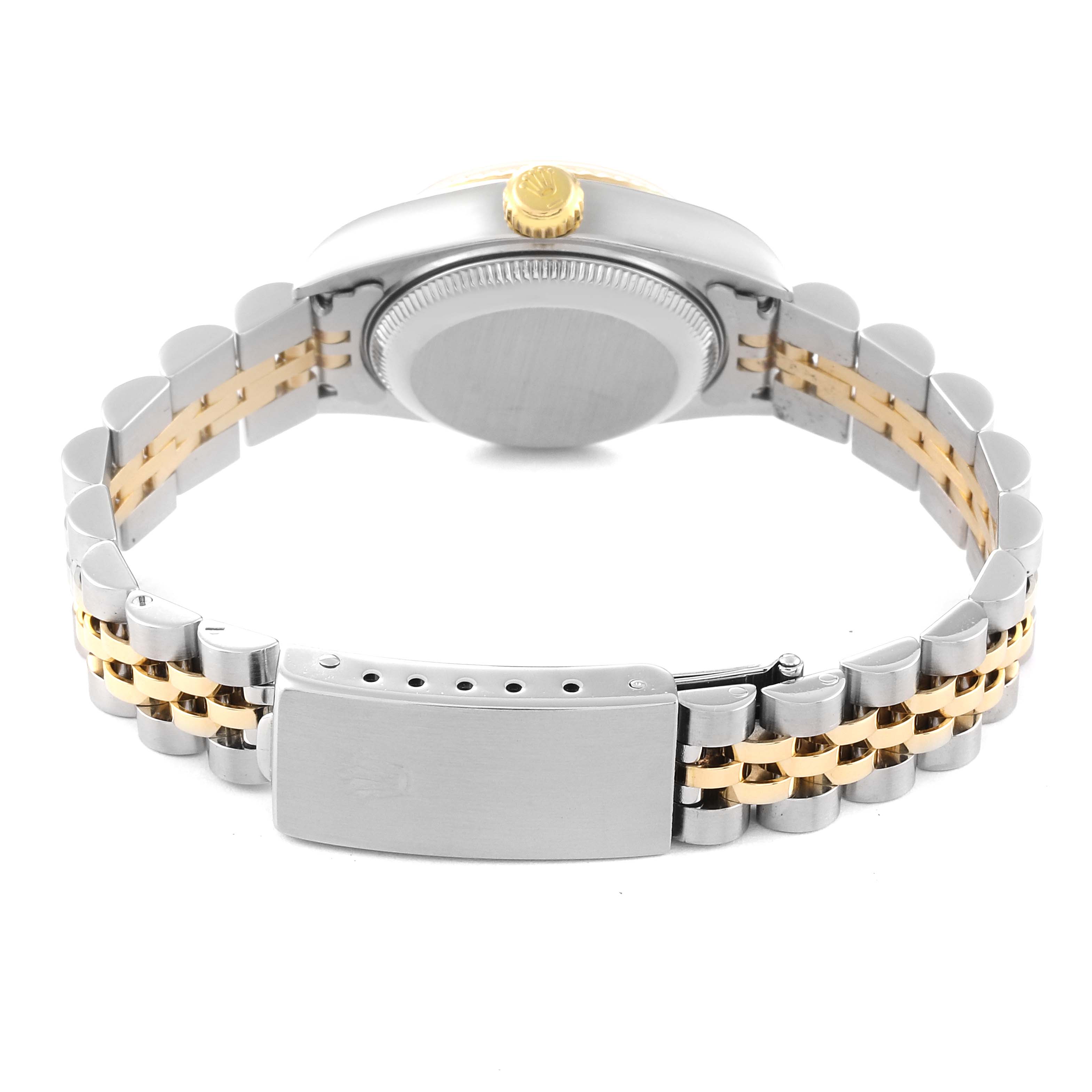 This Rolex Datejust 79173G Women's Steel and Gold (two tone) Champagne Dial 79173G Women's Steel and Gold (two tone) Champagne Dial watch is shown from the back, highlighting its case back, two-tone jubilee bracelet, and clasp.