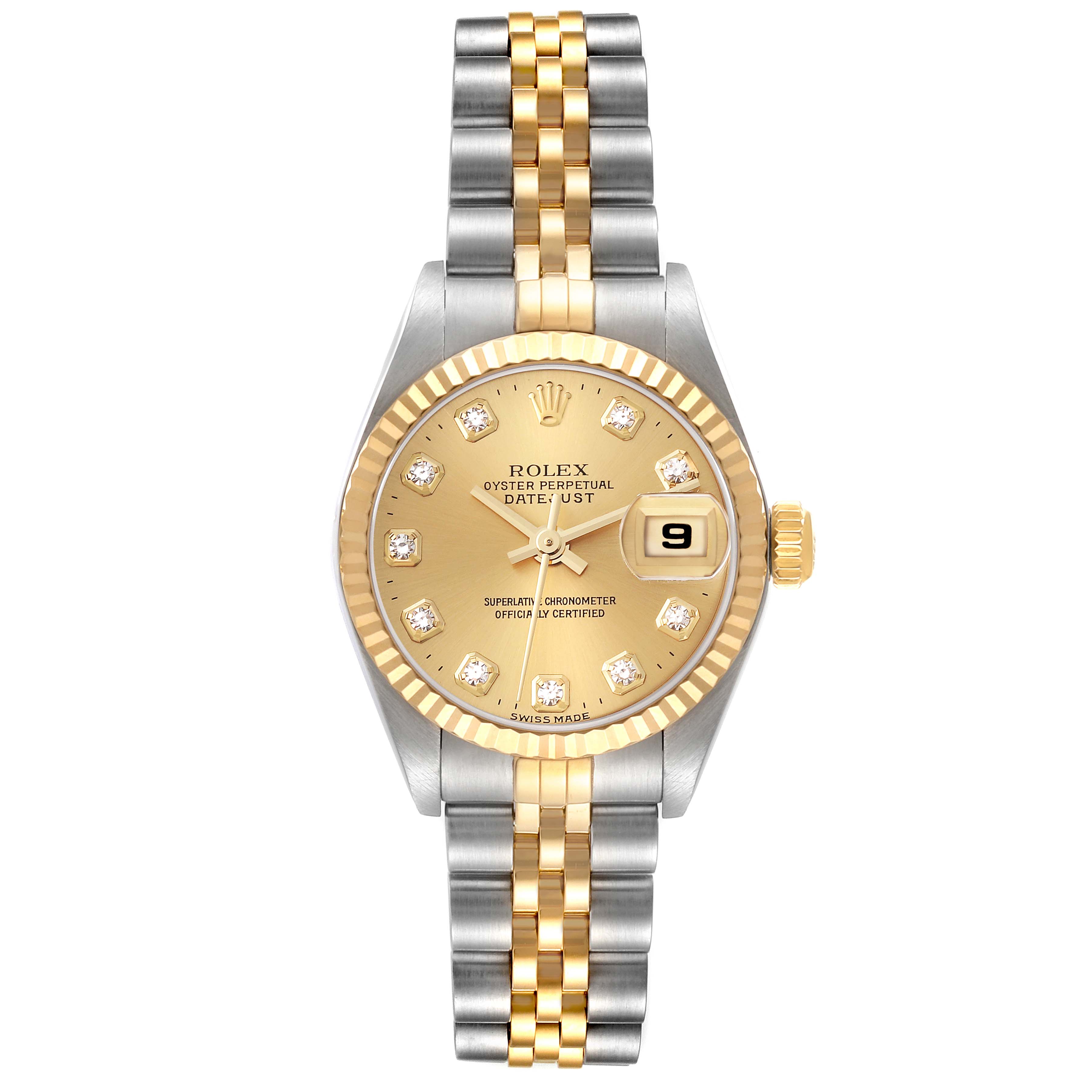This Rolex Datejust 79173G Women's Steel and Gold (two tone) Champagne Dial 79173G Women's Steel and Gold (two tone) Champagne Dial model is shown from the top view, displaying the dial, bezel, crown, and bracelet.