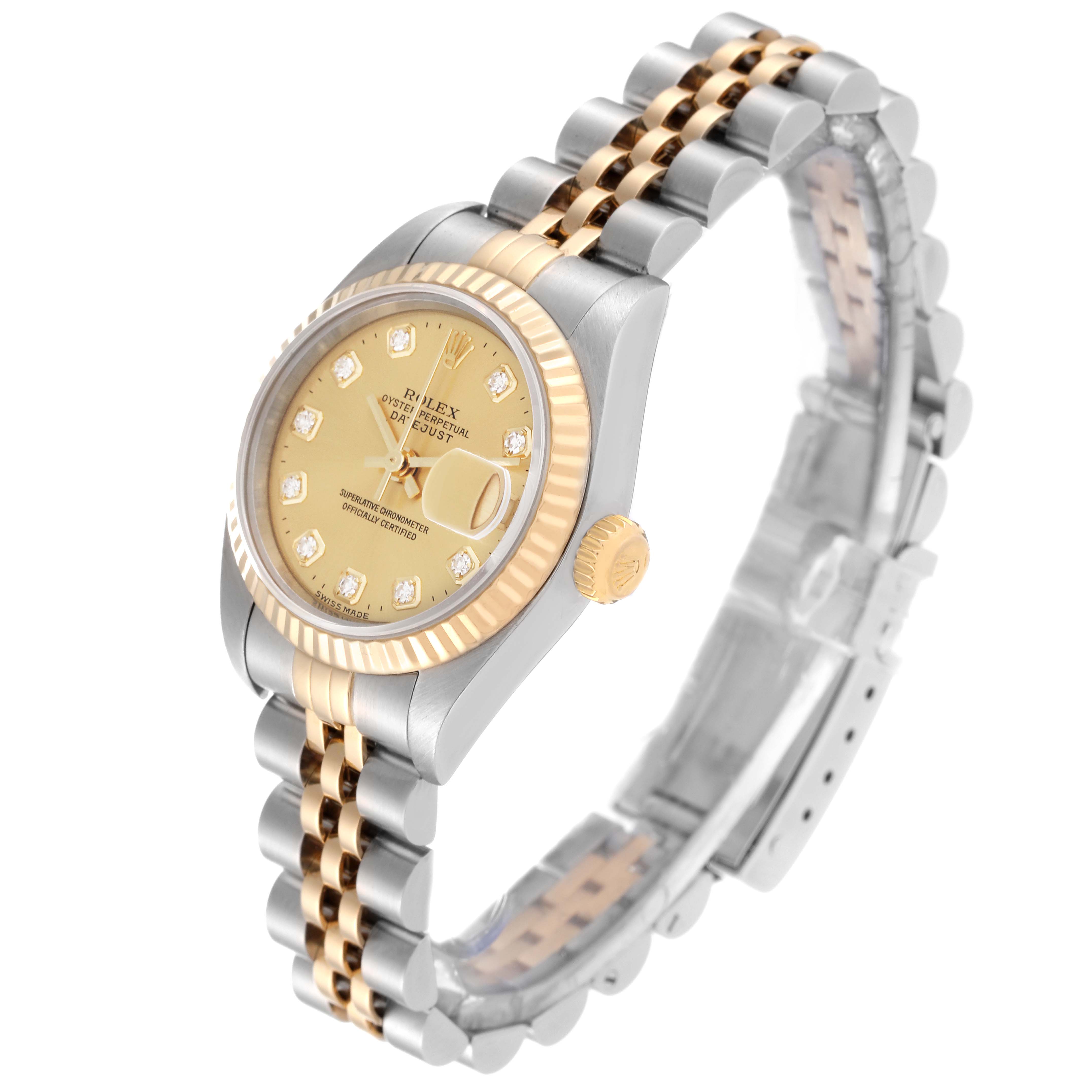 This image shows a Rolex Datejust 79173G Women's Steel and Gold (two tone) Champagne Dial 79173G Women's Steel and Gold (two tone) Champagne Dial watch at a slight angle, highlighting the dial, bezel, crown, and Jubilee bracelet.