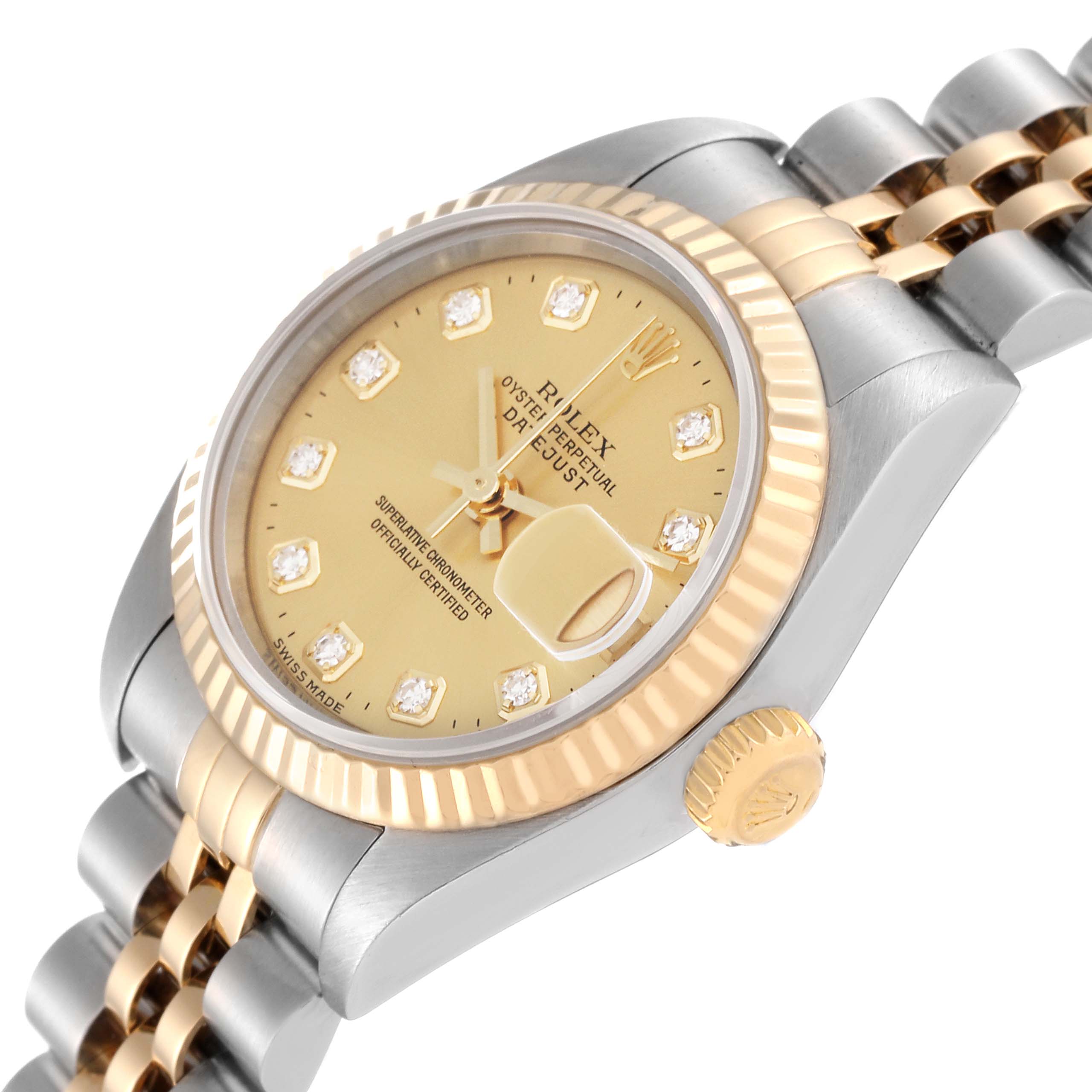 This image shows a close-up view of the Rolex Datejust 79173G Women's Steel and Gold (two tone) Champagne Dial 79173G Women's Steel and Gold (two tone) Champagne Dial, highlighting its dial, crown, and bracelet.