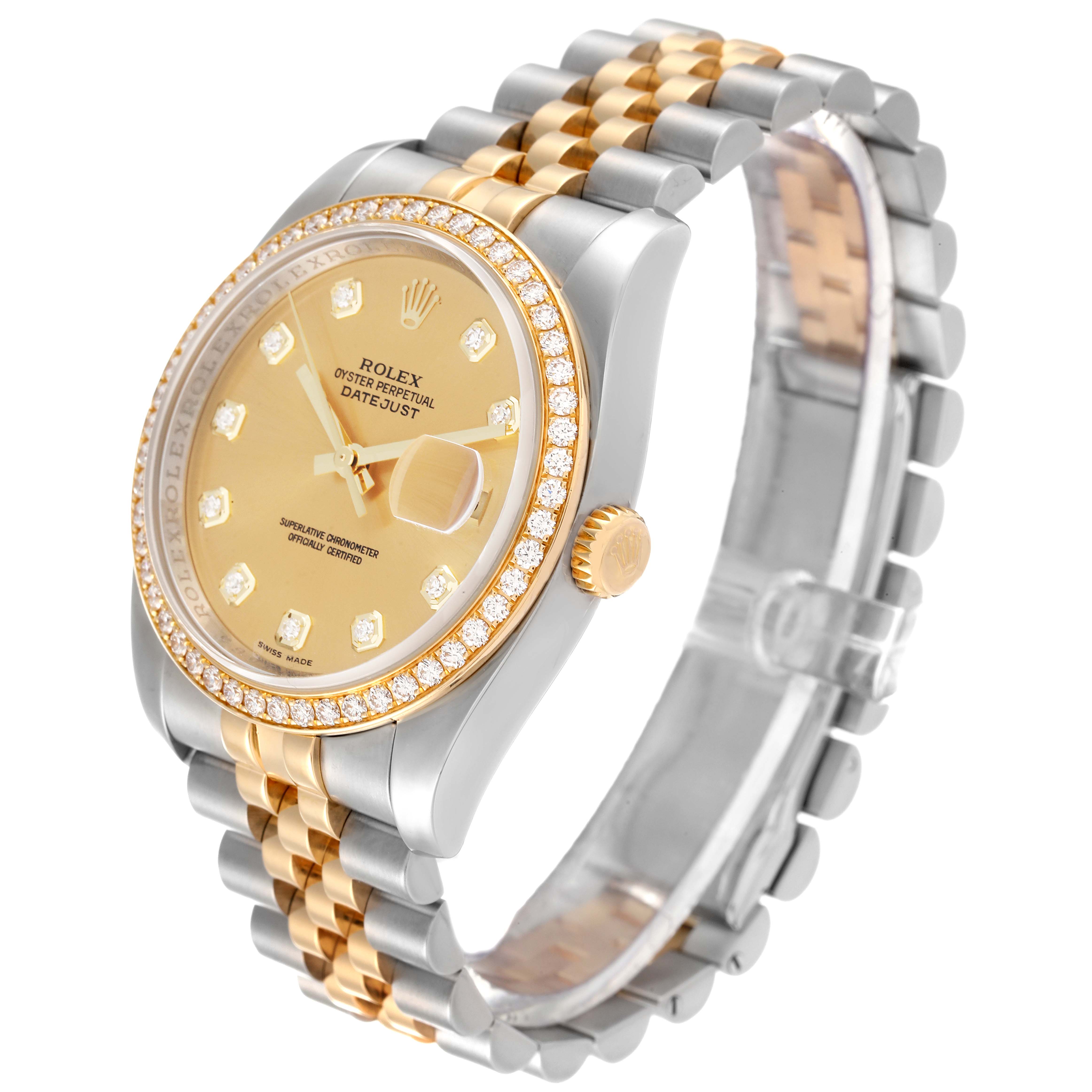 The image shows a side angle of the Rolex Datejust 116243 Men's Steel and Gold (two tone) Champagne Dial 116243 Men's Steel and Gold (two tone) Champagne Dial watch, highlighting its two-tone bracelet, gold dial, and diamond bezel.