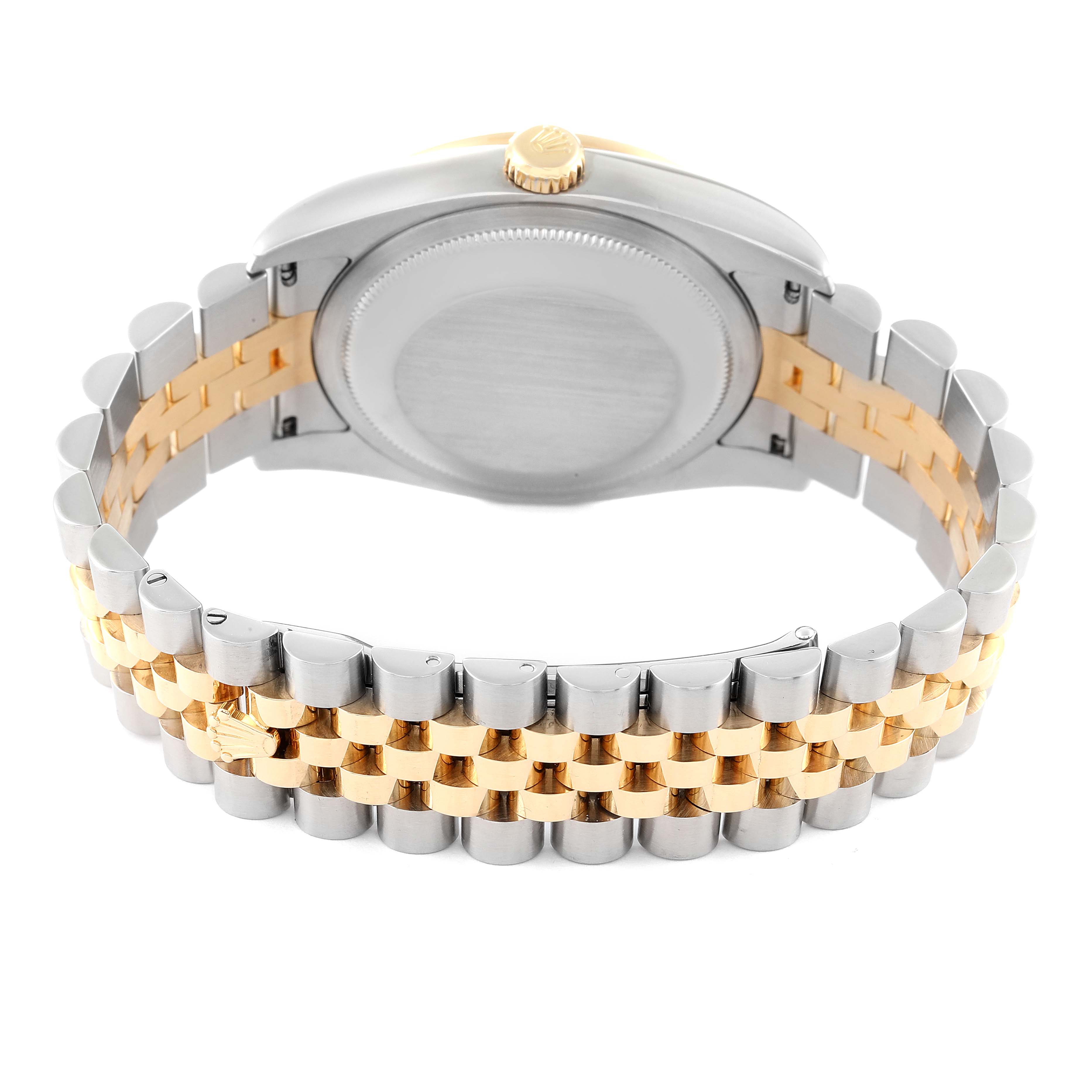 The image shows the back case and bracelet of a Rolex Datejust 116243 Men's Steel and Gold (two tone) Champagne Dial 116243 Men's Steel and Gold (two tone) Champagne Dial watch, featuring a two-tone metal design.