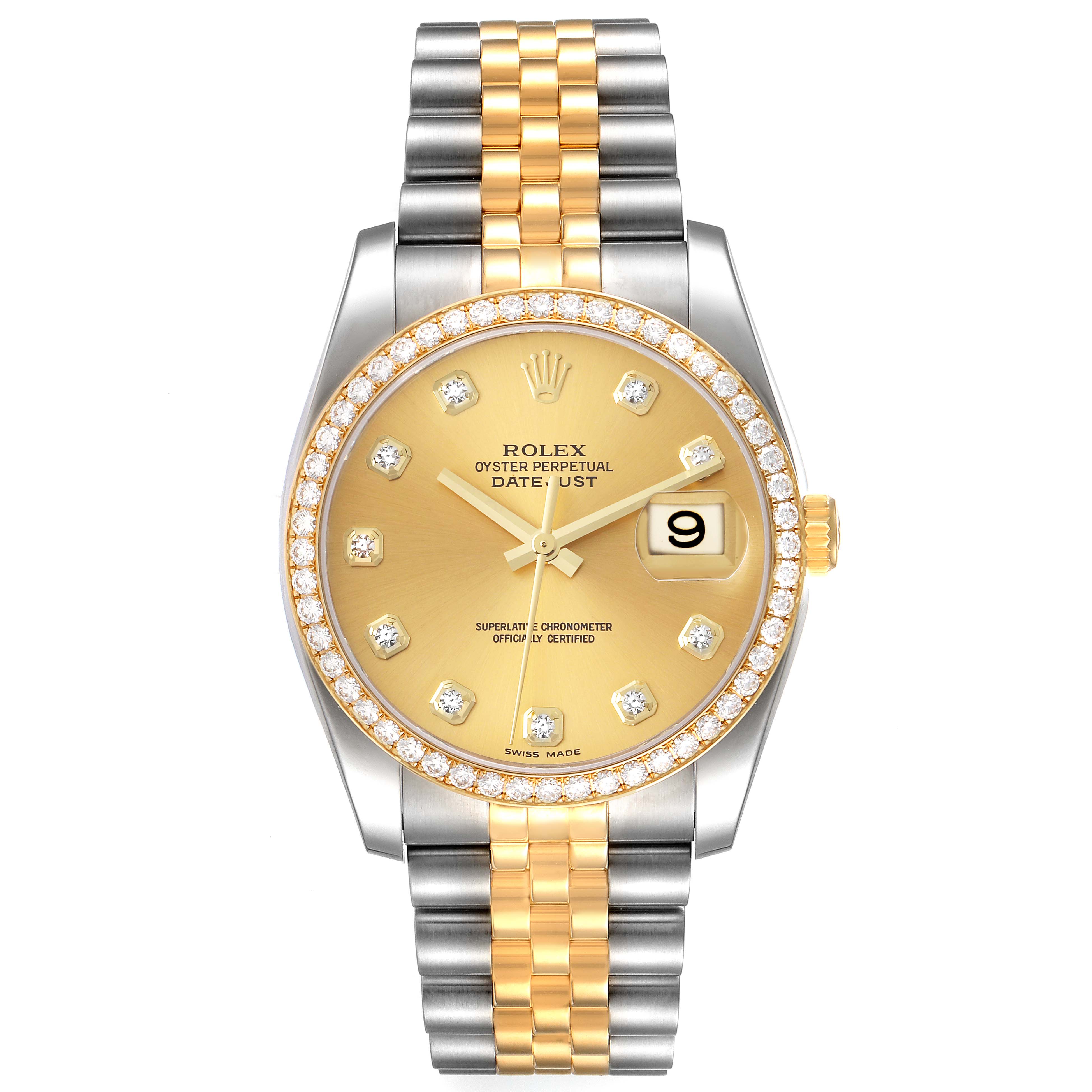 The image shows a Rolex Datejust 116243 Men's Steel and Gold (two tone) Champagne Dial 116243 Men's Steel and Gold (two tone) Champagne Dial watch from a front angle, featuring a gold dial, date window, and two-tone bracelet.