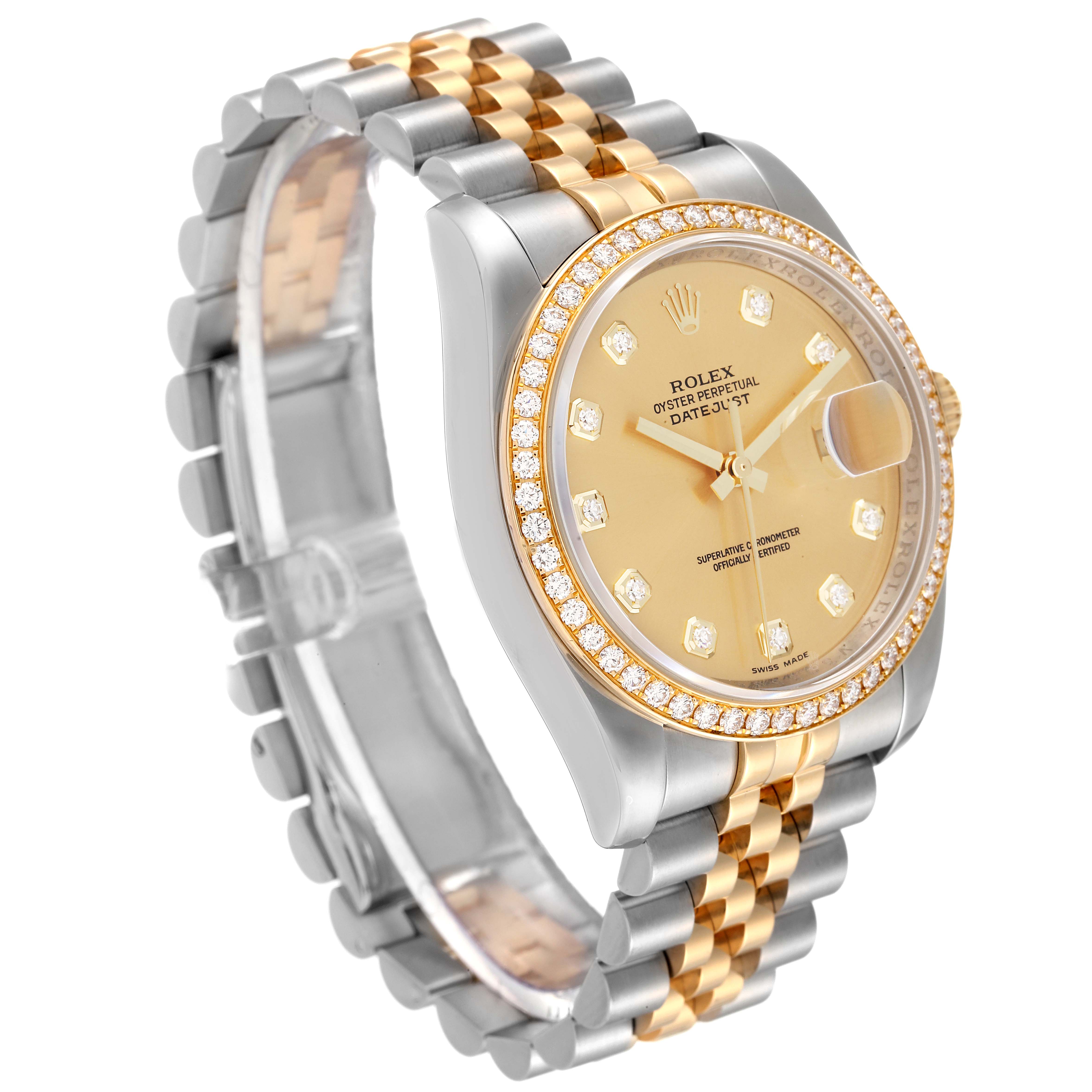 The image shows a side angle view of a Rolex Datejust 116243 Men's Steel and Gold (two tone) Champagne Dial 116243 Men's Steel and Gold (two tone) Champagne Dial watch, highlighting its face, bezel, and bracelet.